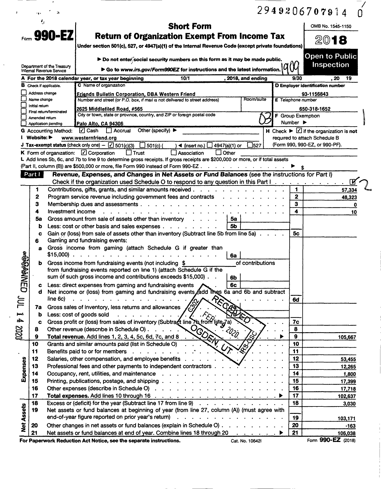 Image of first page of 2018 Form 990EZ for Friends Bulletin Corporation