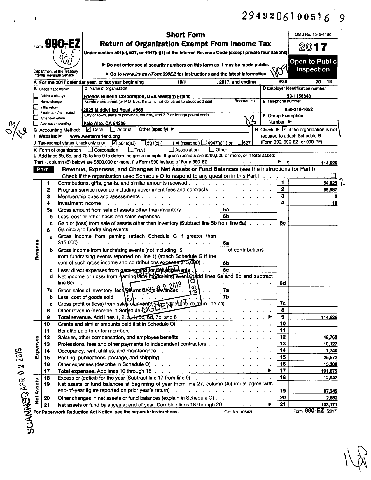Image of first page of 2017 Form 990EZ for Friends Bulletin Corporation