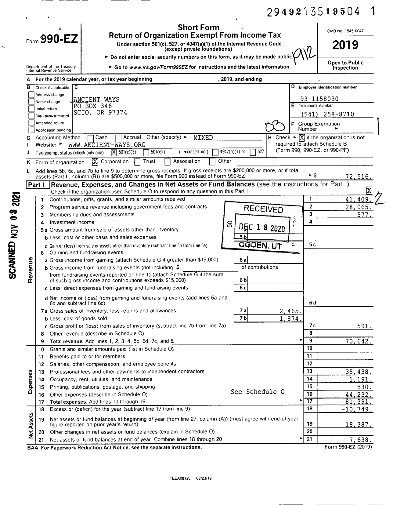 Image of first page of 2019 Form 990EZ for Ancient Ways