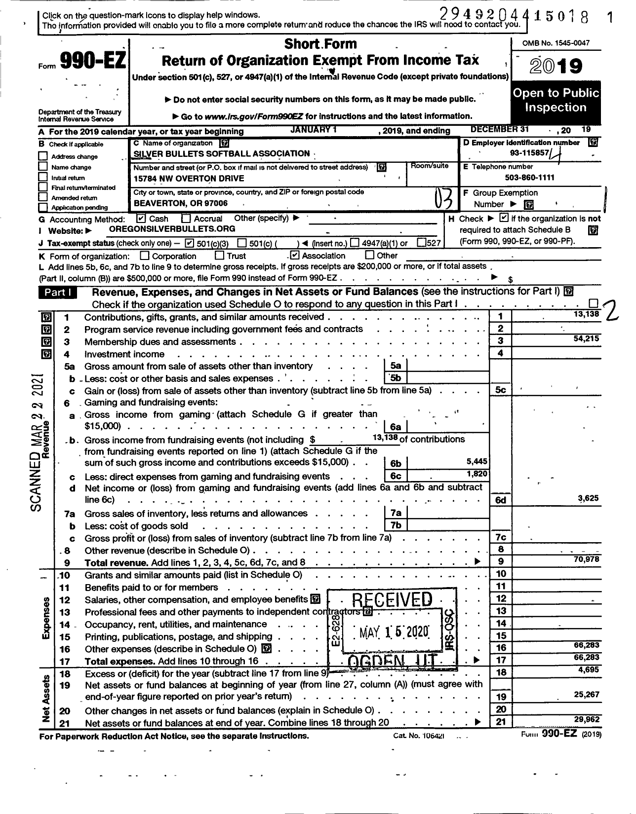 Image of first page of 2019 Form 990EZ for Silver Bullets Softball Association