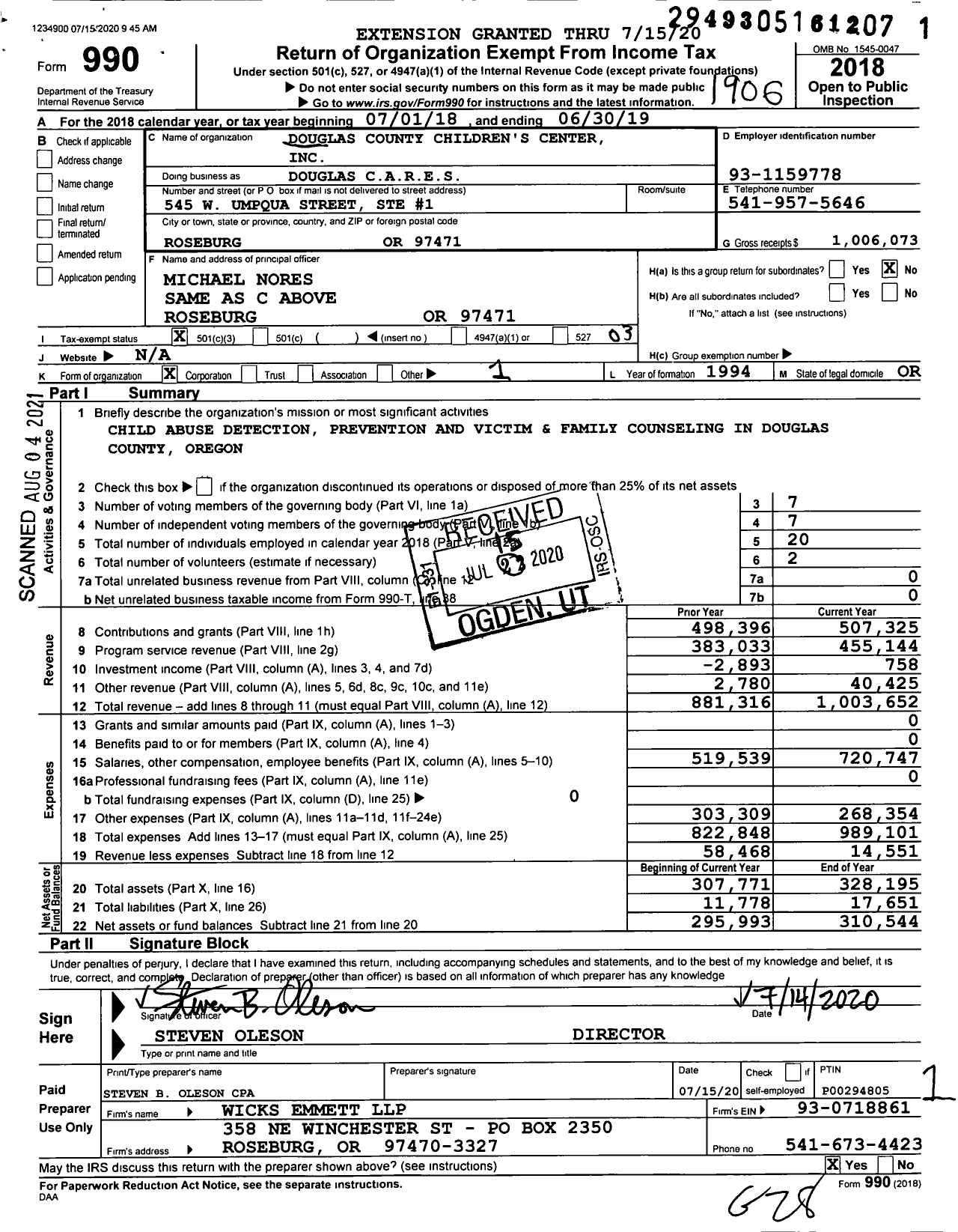 Image of first page of 2018 Form 990 for Douglas Cares
