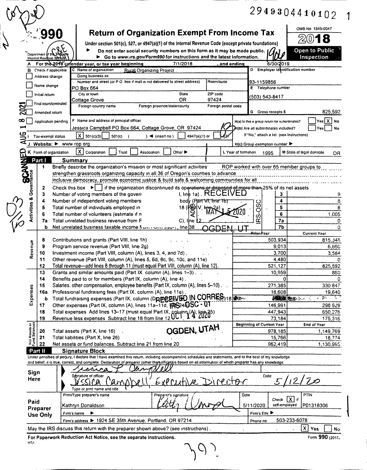 Image of first page of 2018 Form 990 for Rural Organizing Project