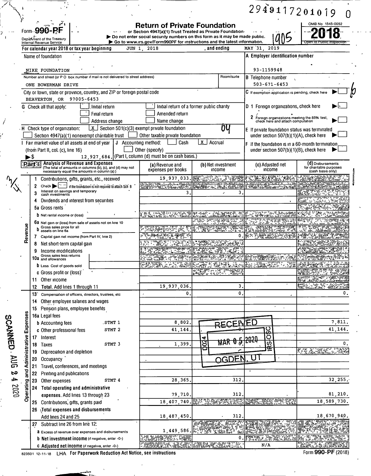 Image of first page of 2018 Form 990PR for Nike Foundation