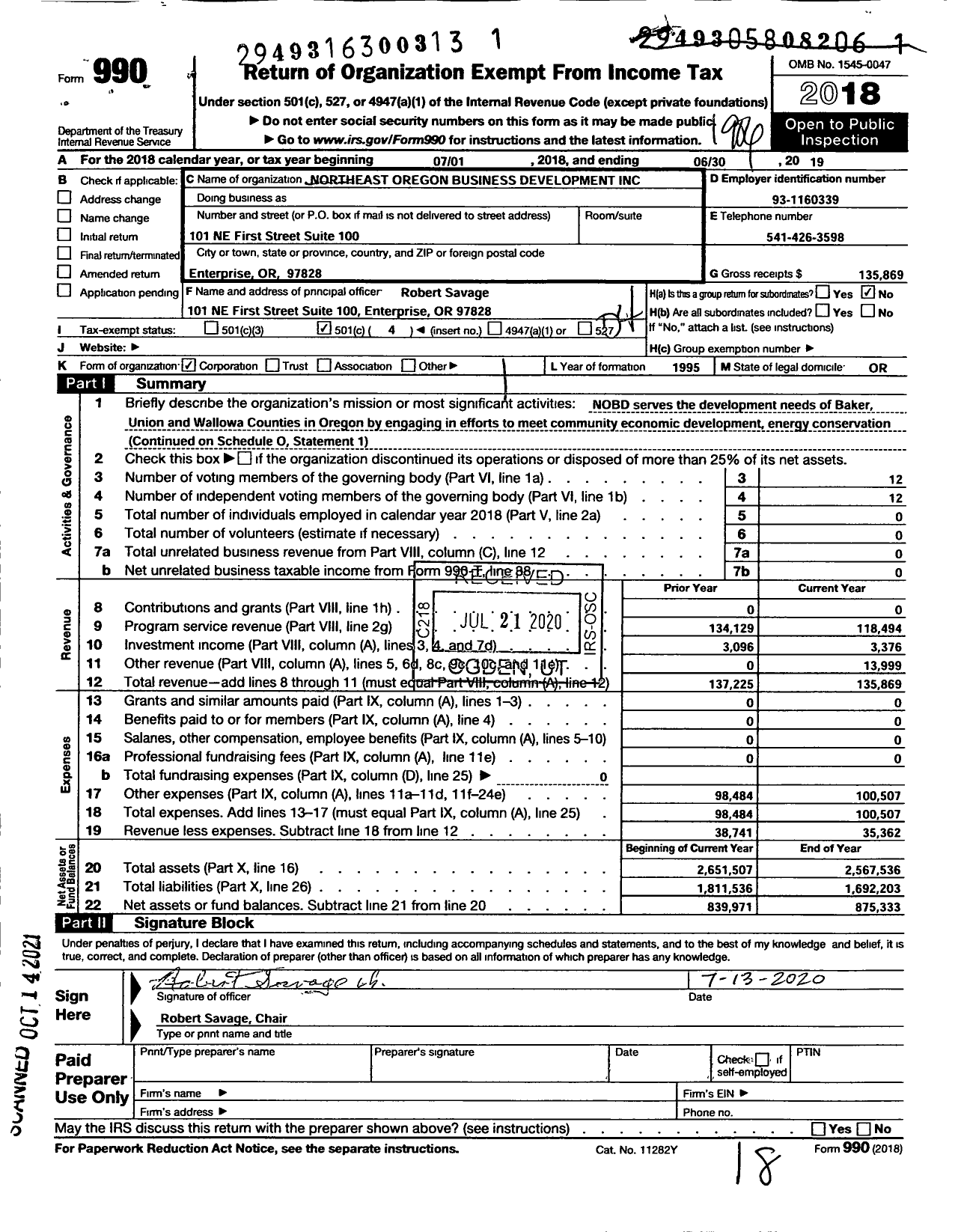 Image of first page of 2018 Form 990O for Northeast Oregon Business Development