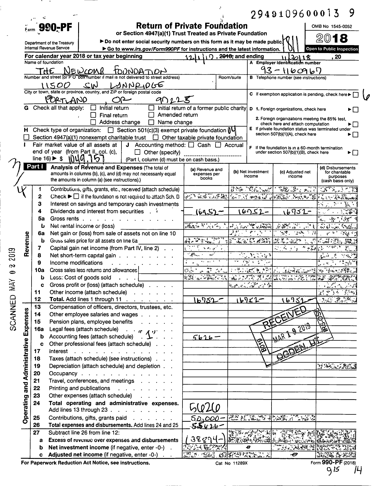 Image of first page of 2017 Form 990PF for The Newcomb Foundation