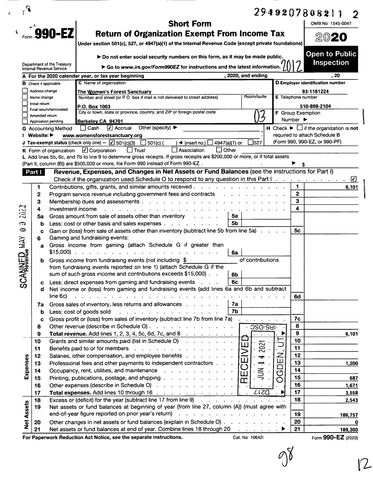 Image of first page of 2020 Form 990EZ for Womens Forest Sanctuary