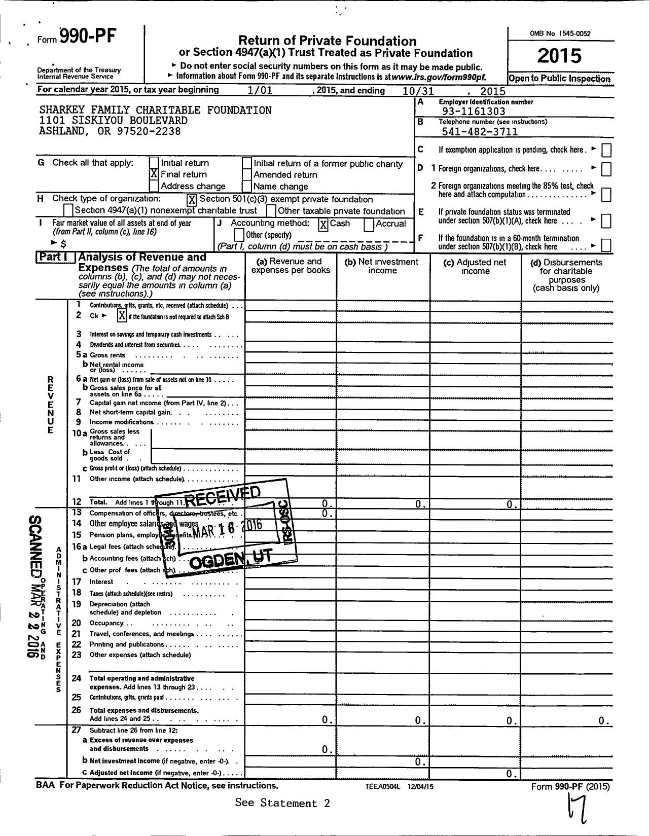 Image of first page of 2014 Form 990PF for Sharkey Family Charitable Foundation