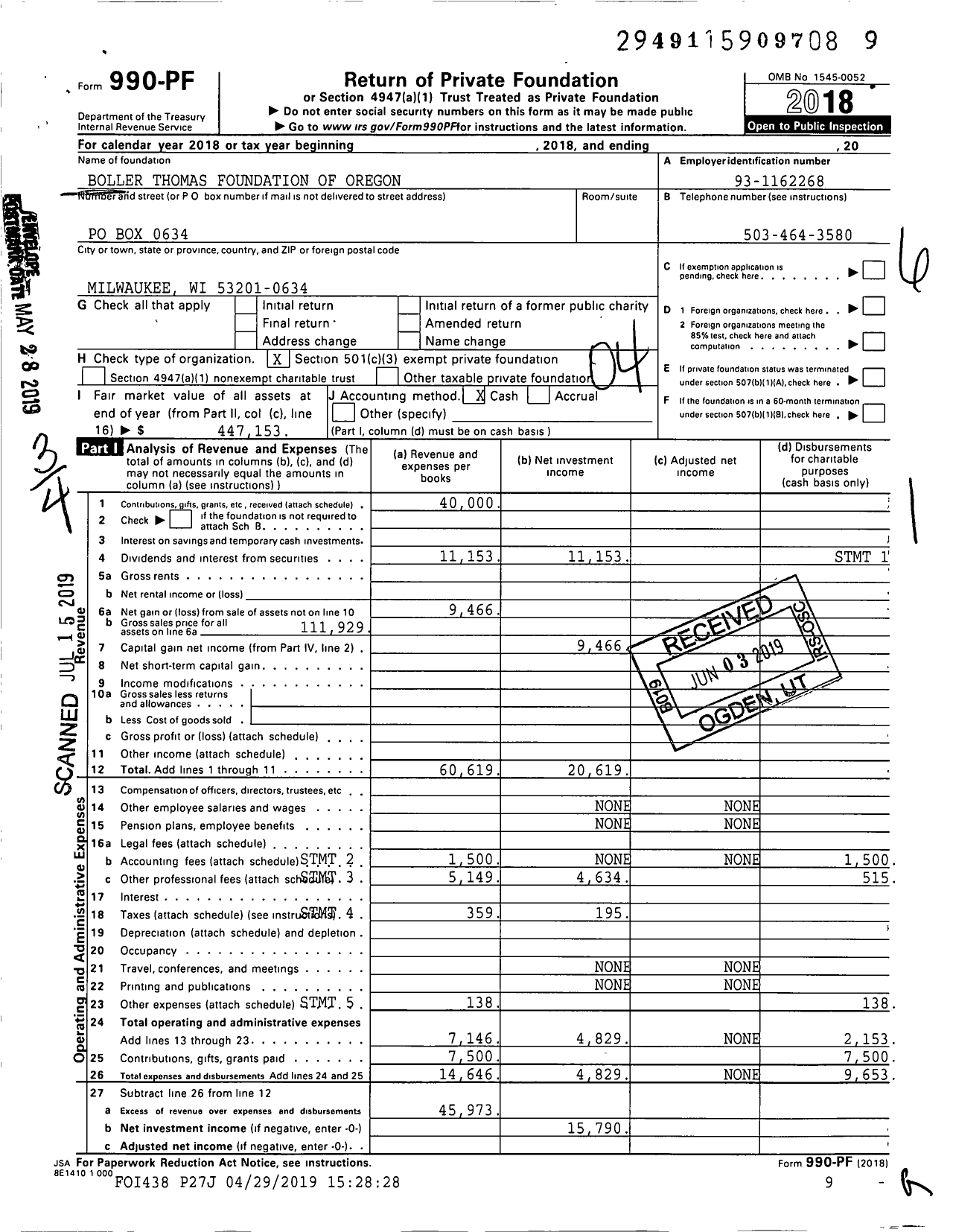 Image of first page of 2018 Form 990PF for Boller Thomas Foundation of Oregon