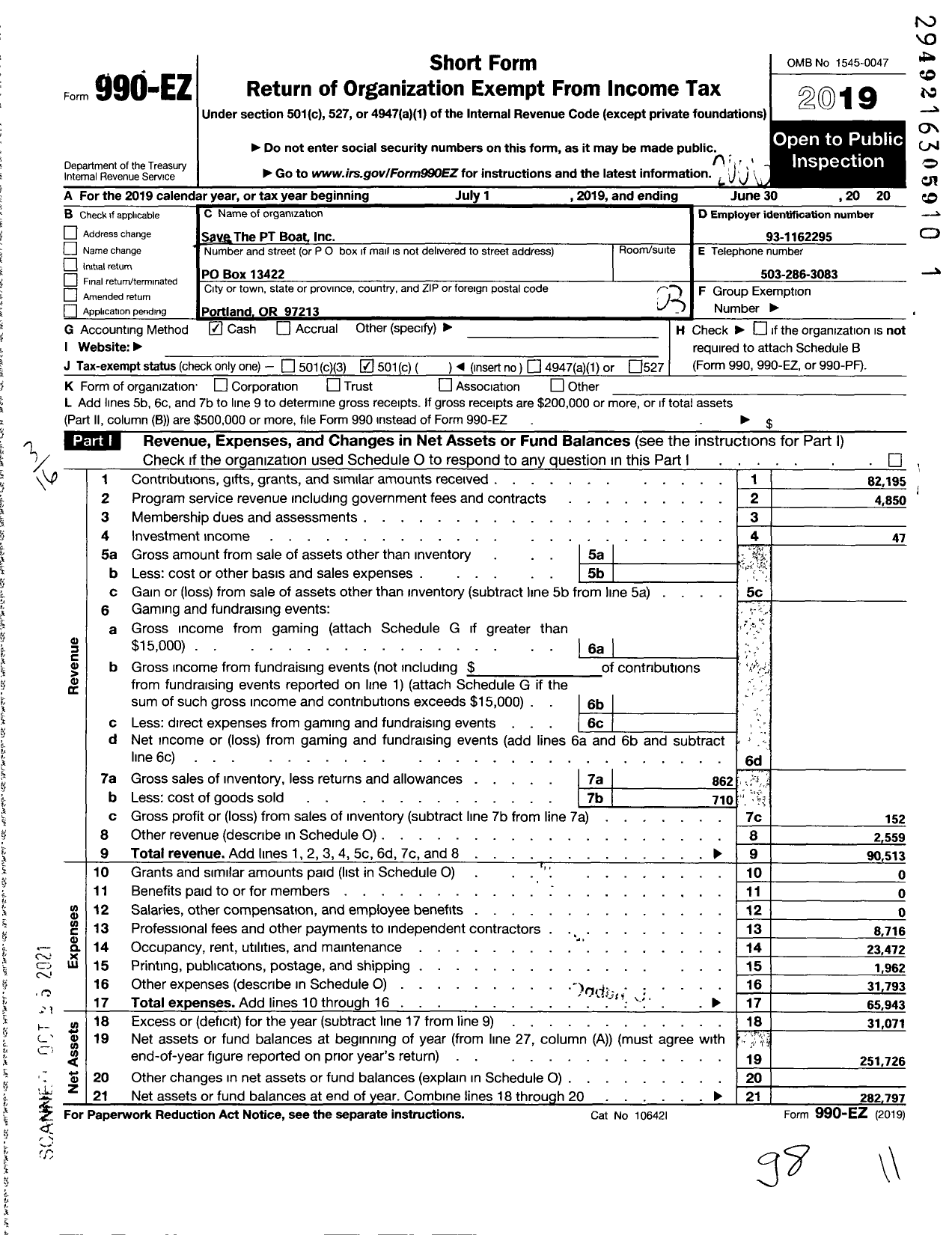 Image of first page of 2019 Form 990EZ for Save The PT Boat