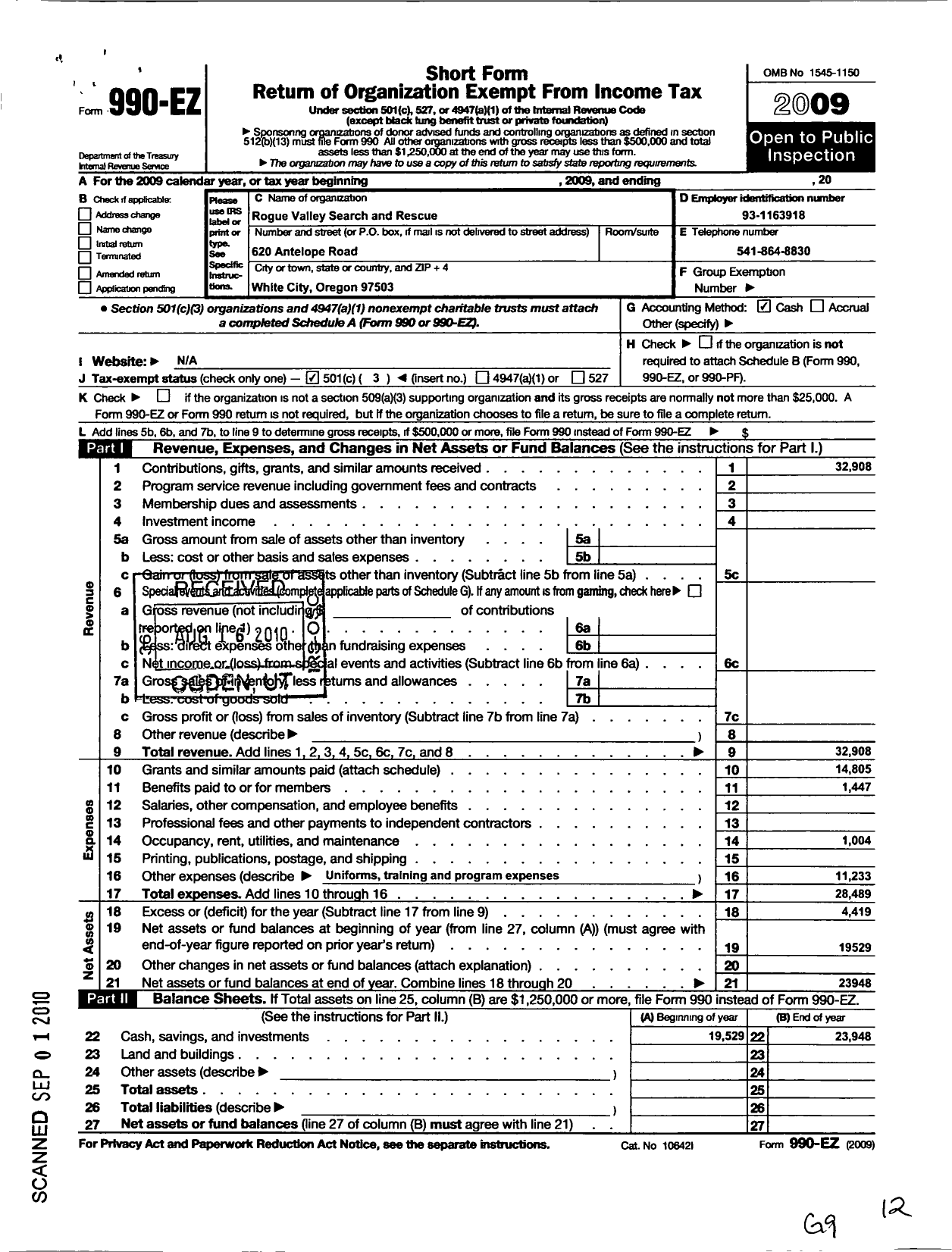 Image of first page of 2009 Form 990EZ for Rogue Valley Search and Rescue Unit