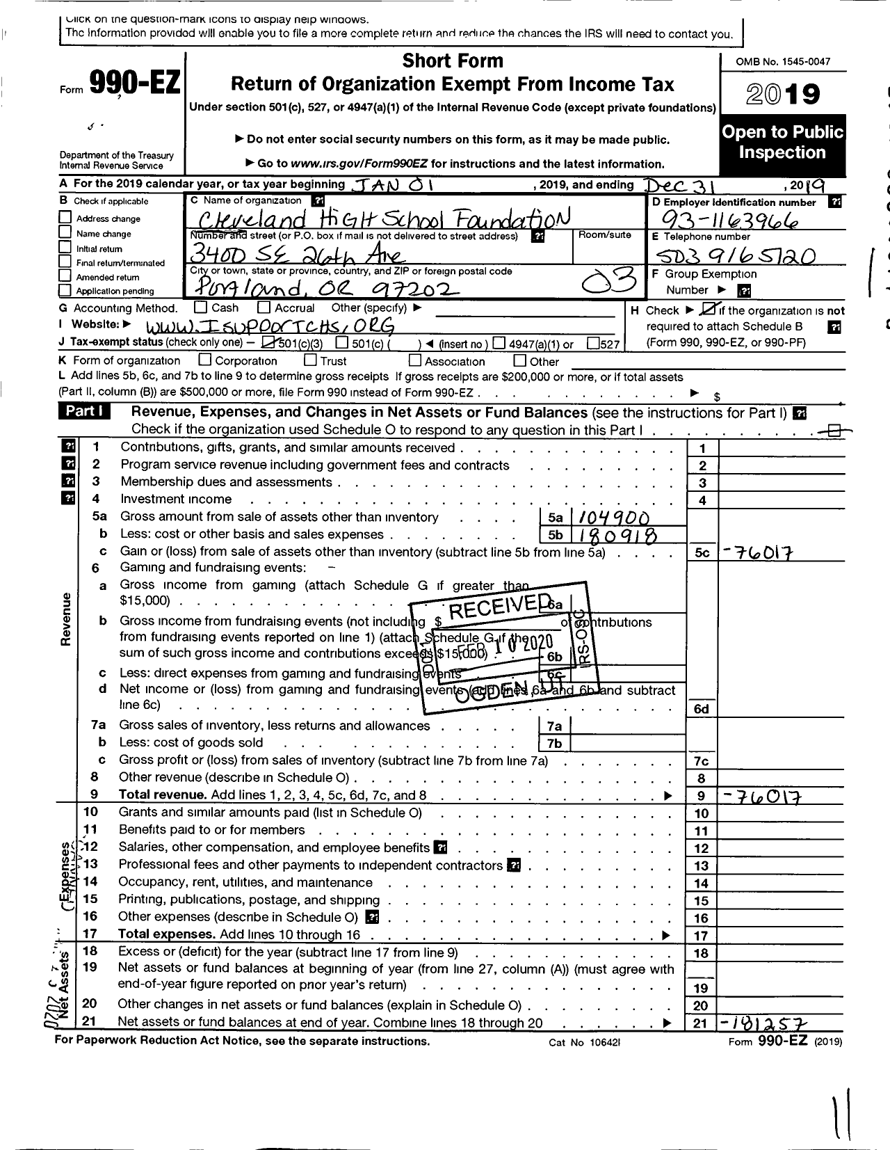 Image of first page of 2019 Form 990EZ for Cleveland High School Foundation