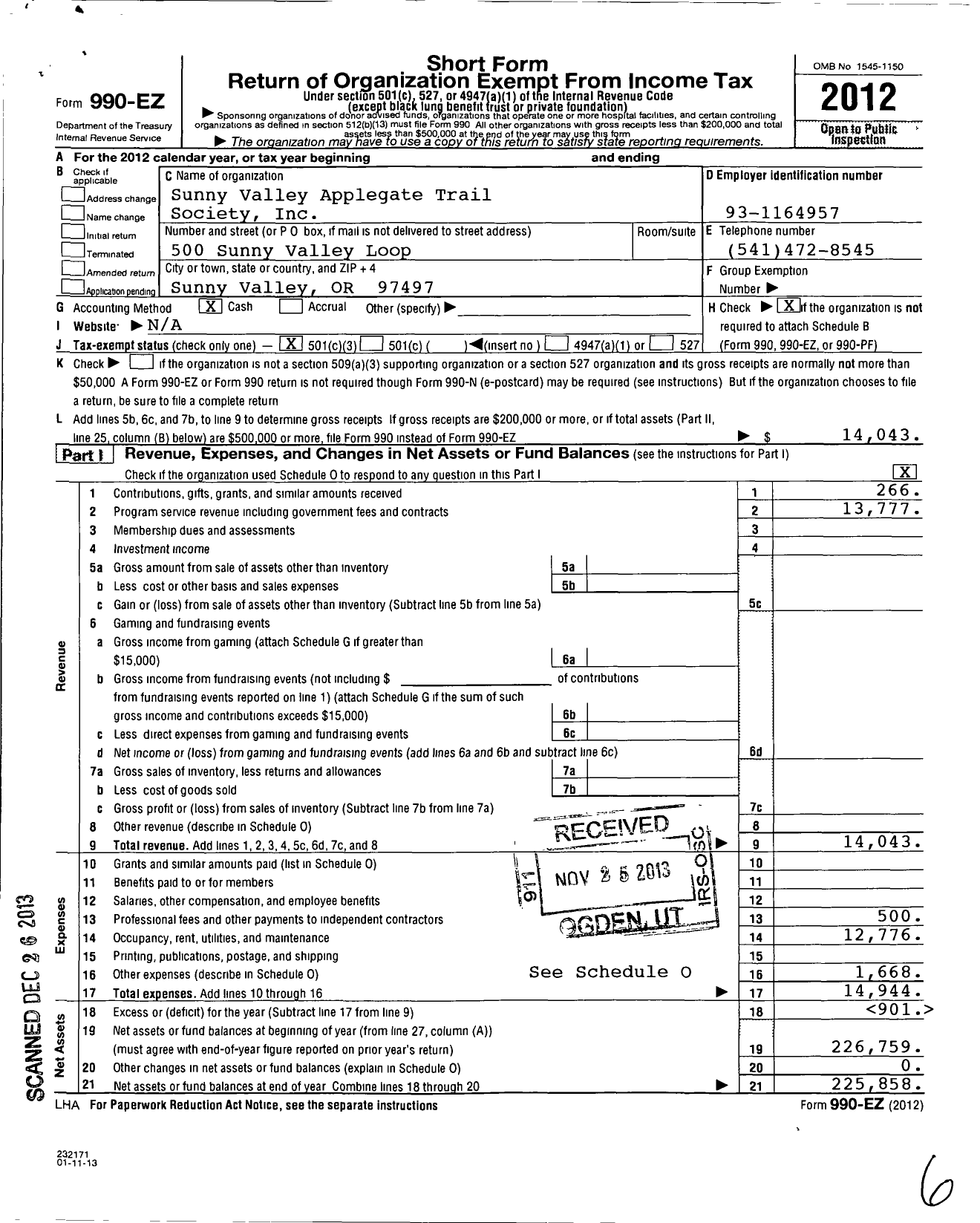 Image of first page of 2012 Form 990EZ for Sunny Valley Applegate Trail Society