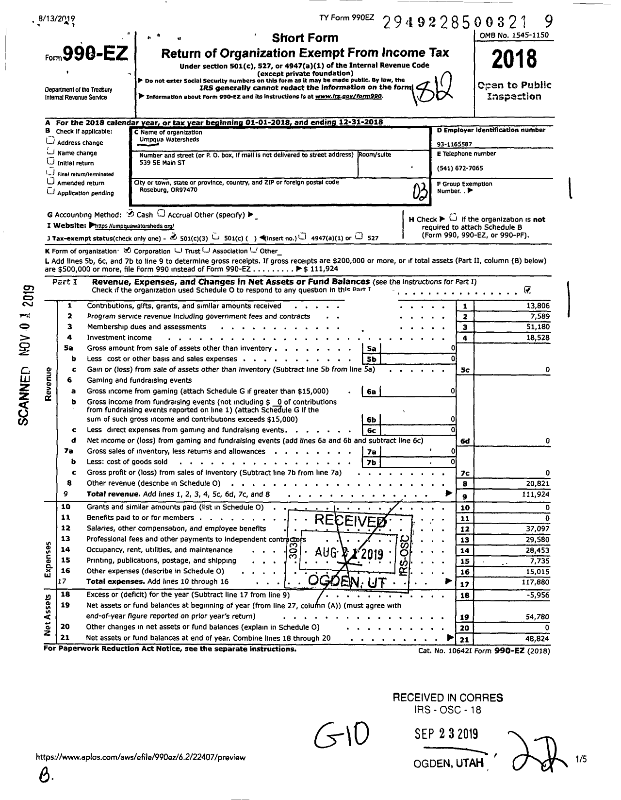 Image of first page of 2018 Form 990EZ for Umpqua Watersheds