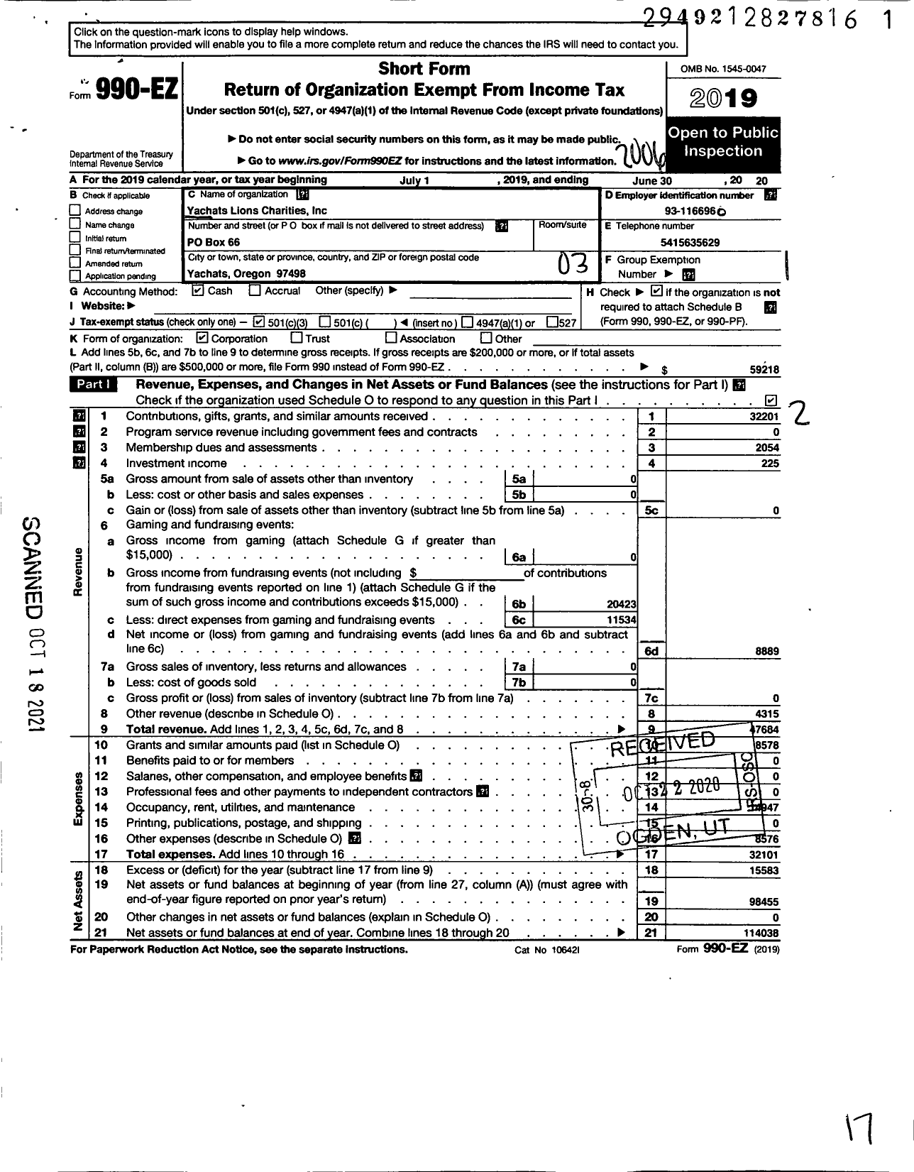 Image of first page of 2019 Form 990EZ for Yachats Lions Charities