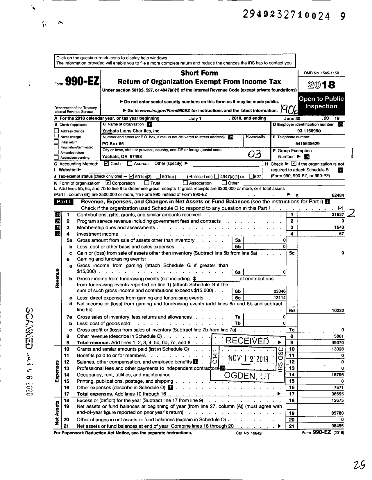 Image of first page of 2018 Form 990EZ for Yachats Lions Charities