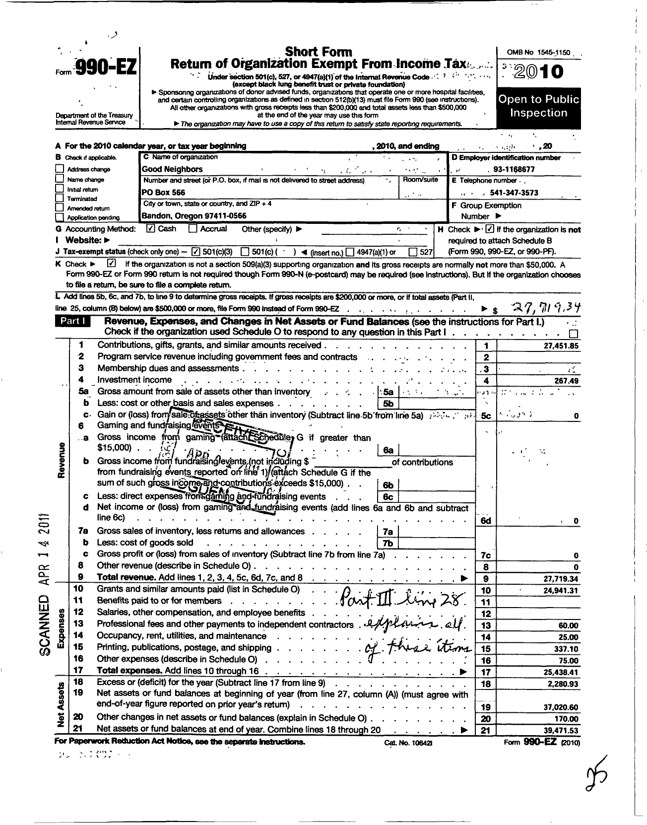 Image of first page of 2010 Form 990EZ for Good Neighbors