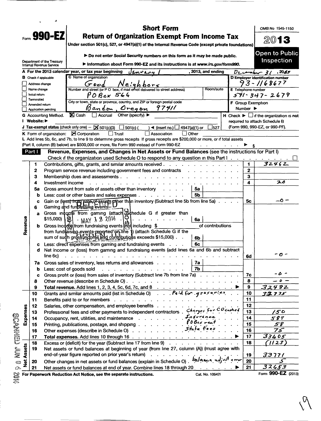 Image of first page of 2013 Form 990EZ for Good Neighbors