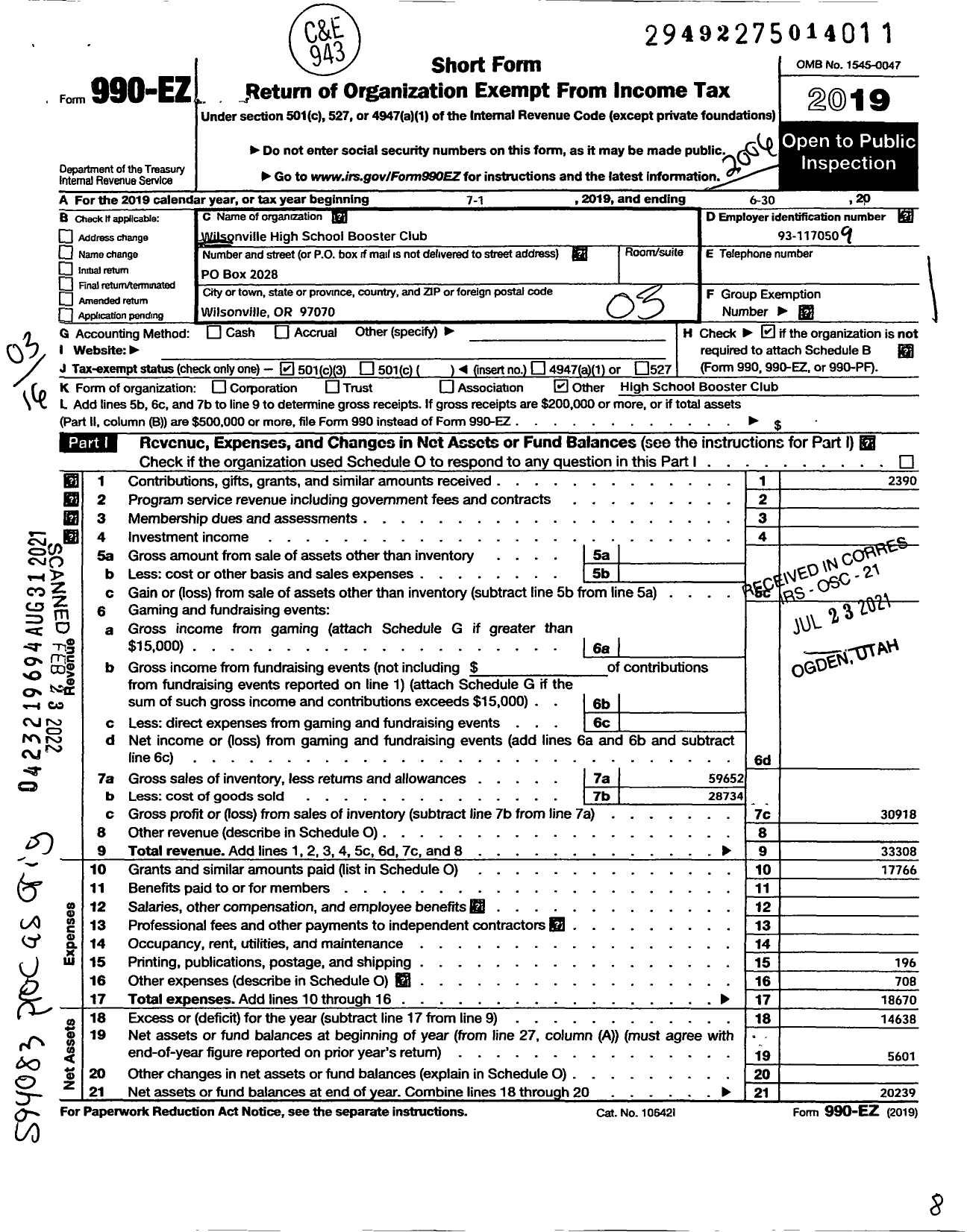 Image of first page of 2019 Form 990EZ for Wilsonville High School Booster Club