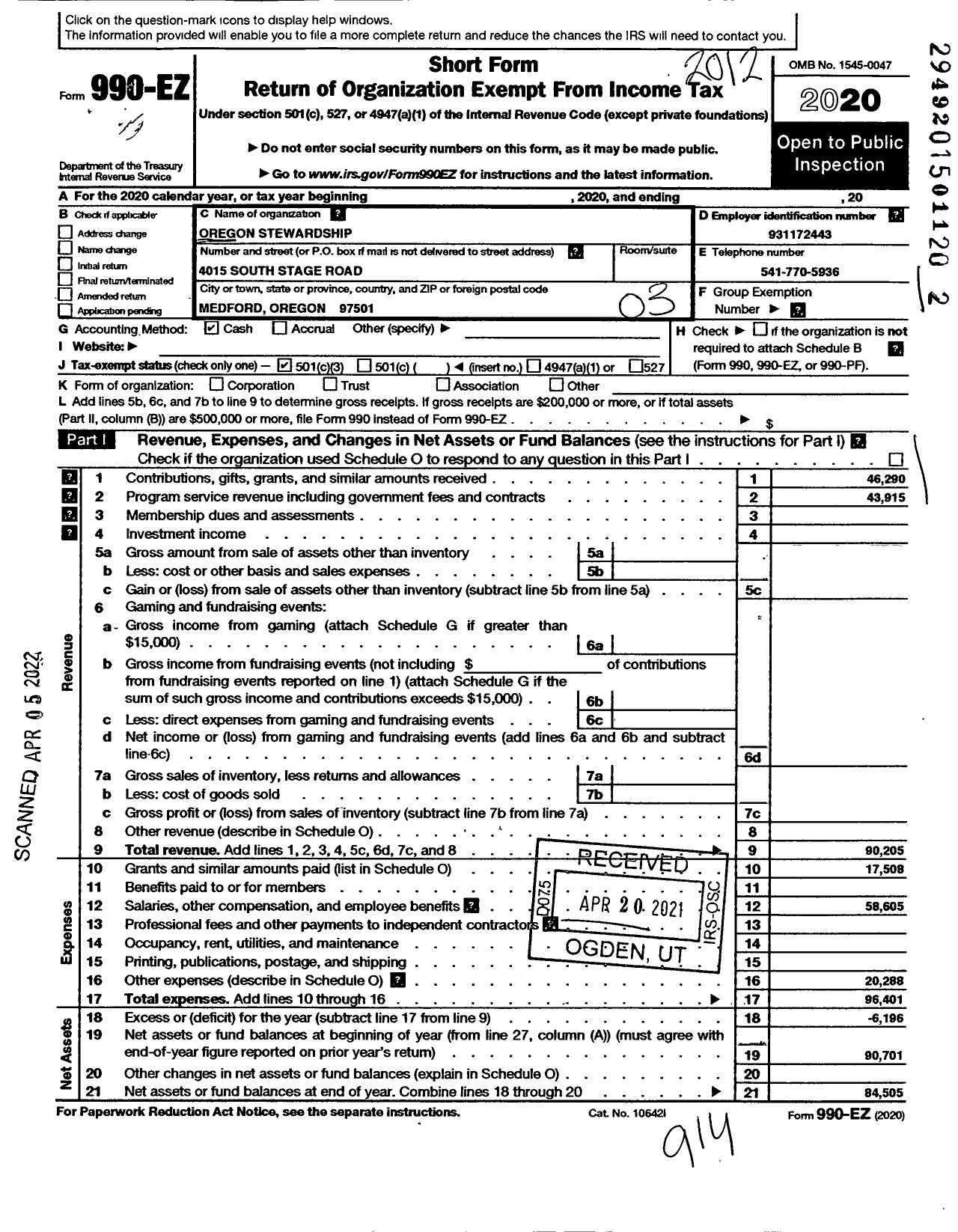 Image of first page of 2020 Form 990EZ for Oregon Stewardship