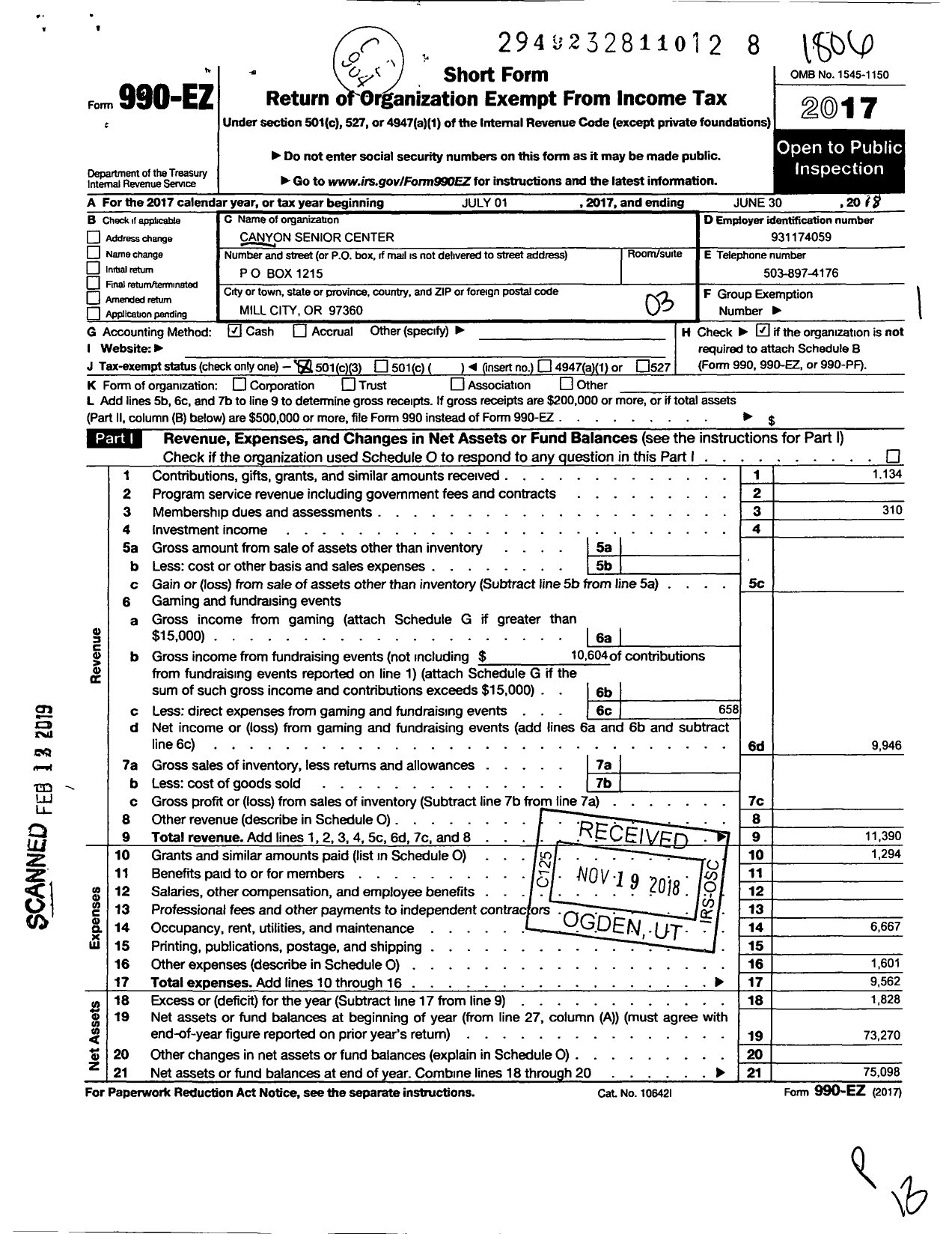 Image of first page of 2017 Form 990EZ for Canyon Senior Center