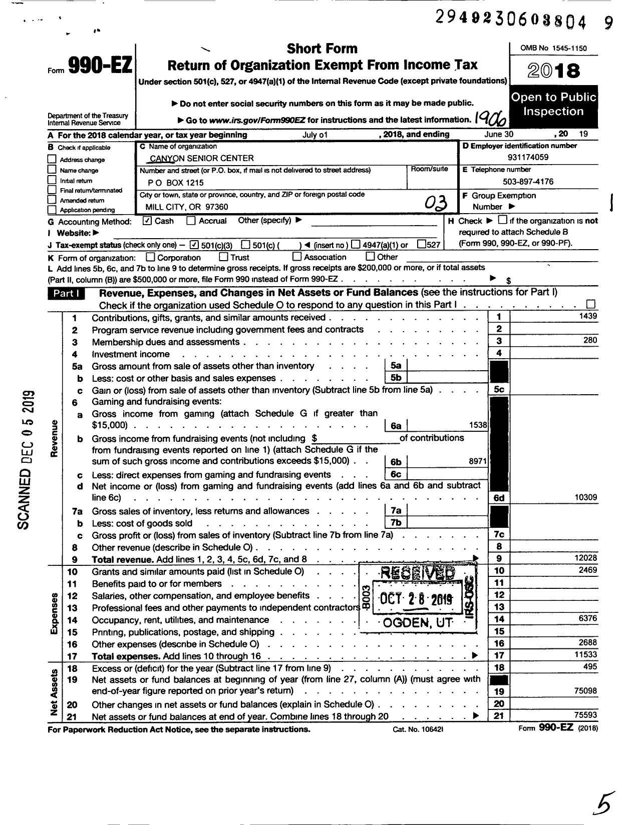 Image of first page of 2018 Form 990EZ for Canyon Senior Center