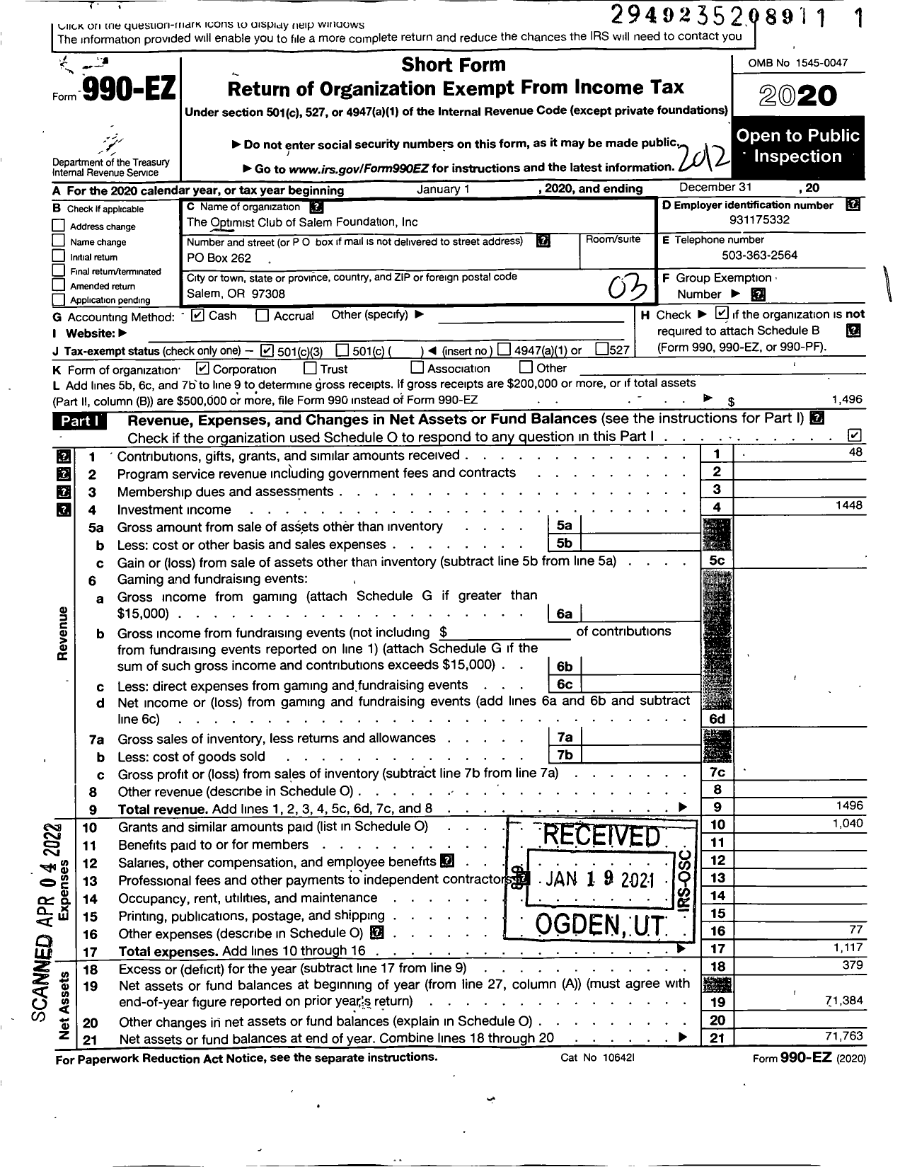 Image of first page of 2020 Form 990EZ for Optimist Club Foundation of Salem Oregon