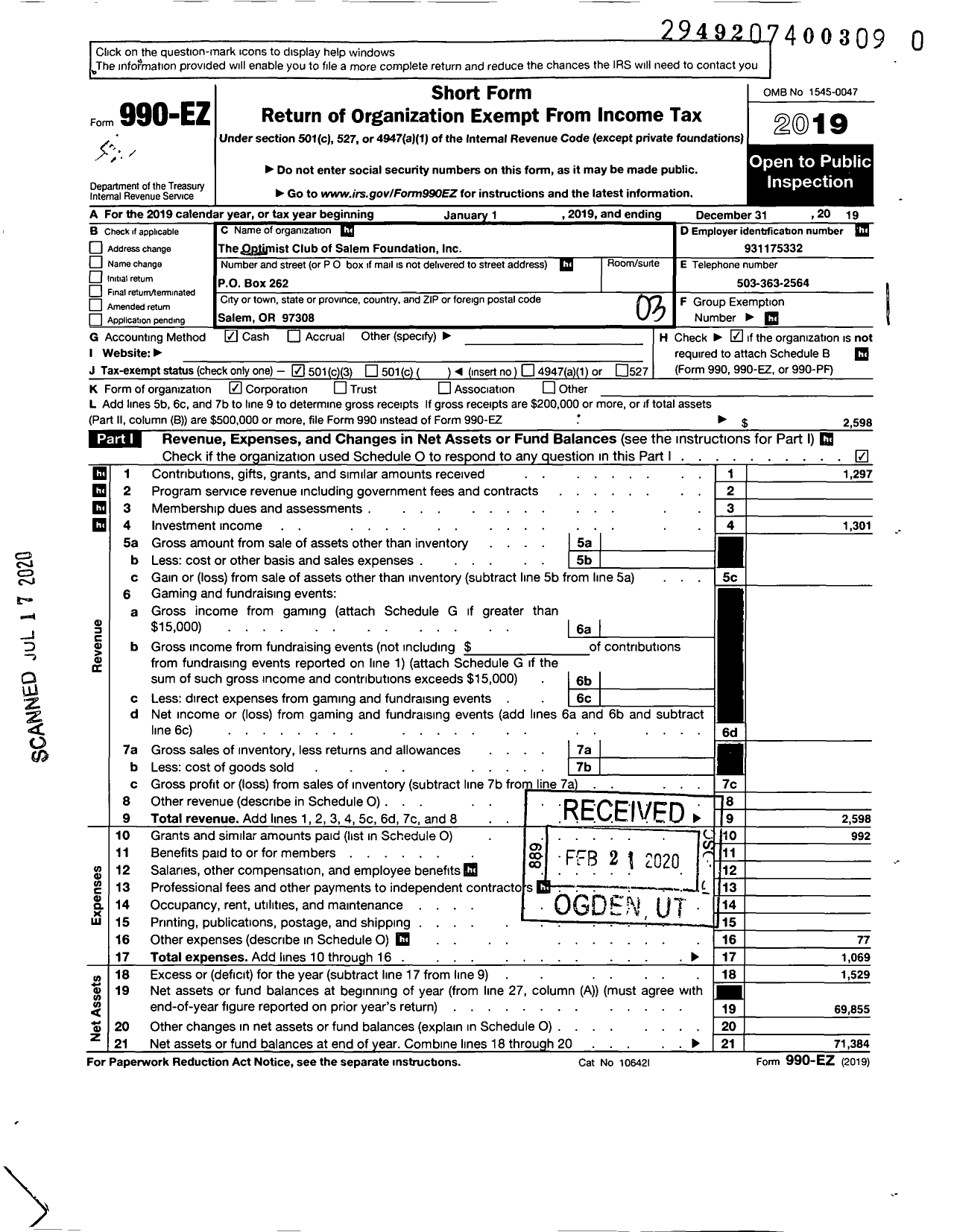 Image of first page of 2019 Form 990EZ for Optimist Club Foundation of Salem Oregon