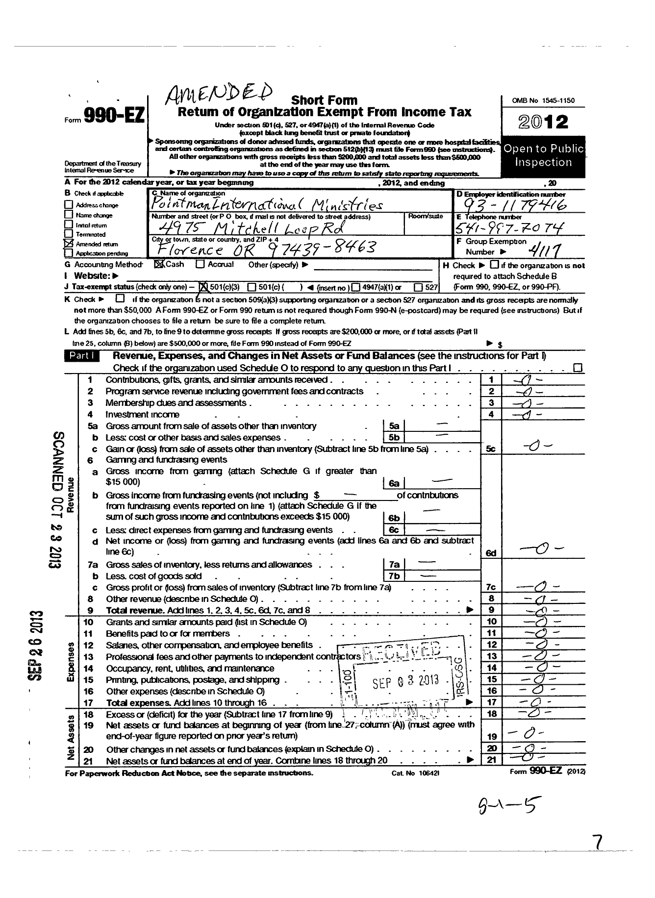 Image of first page of 2012 Form 990EZ for Point Man International Ministries / Florence Or