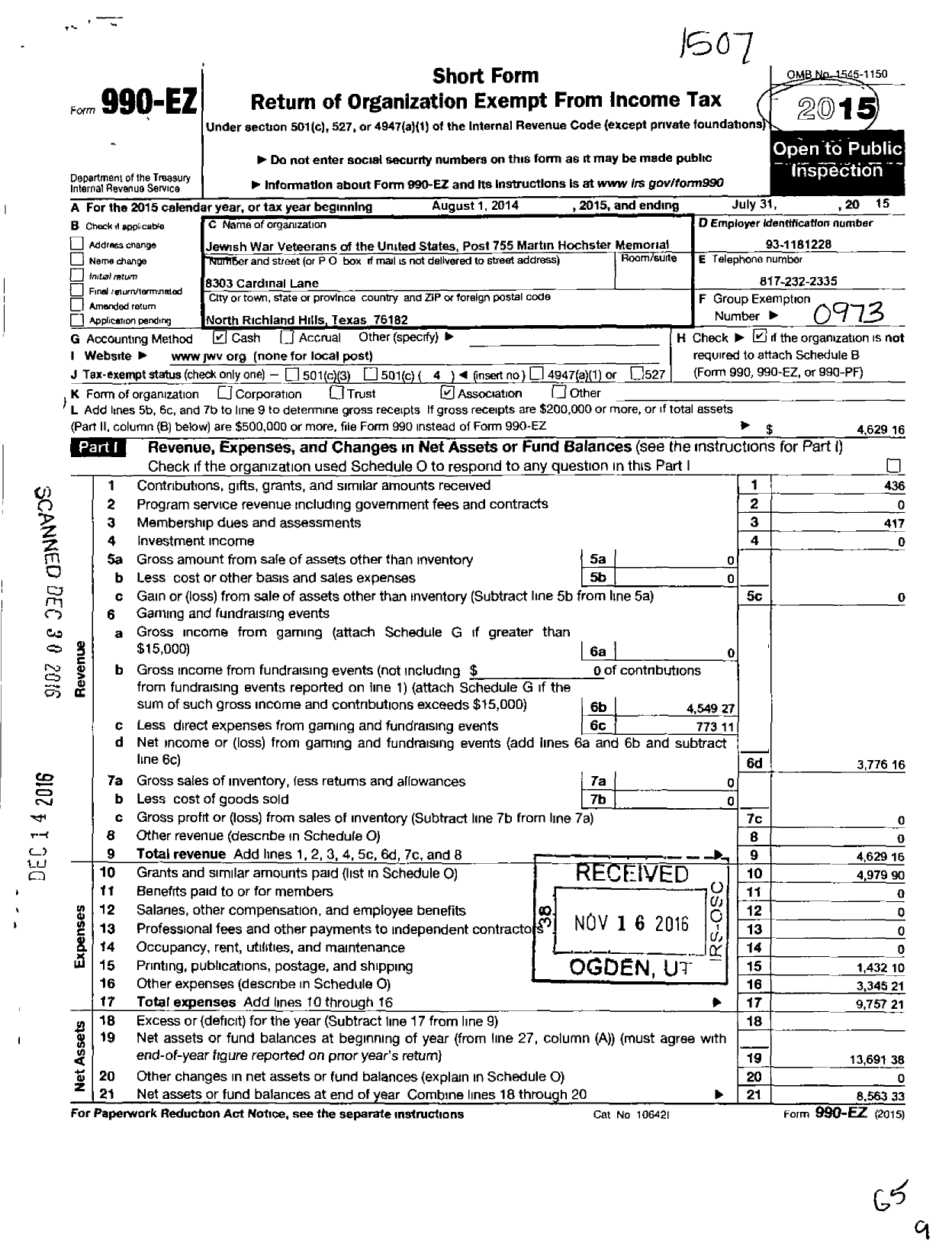 Image of first page of 2014 Form 990EO for Jewish War Veterans of the United States of America - 755 Martin Hochster Memorial