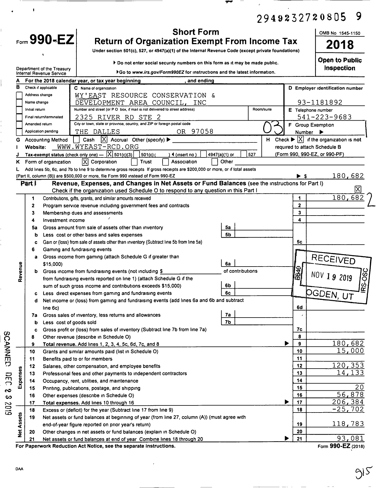 Image of first page of 2018 Form 990EZ for Wy'east Resource Conservation and Development Area Council