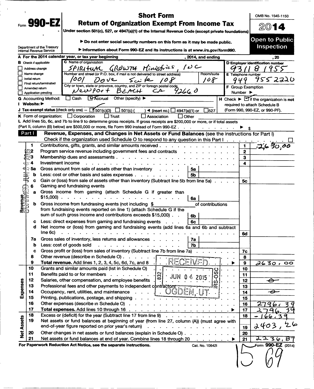 Image of first page of 2014 Form 990EZ for Spiritual Growth Ministries