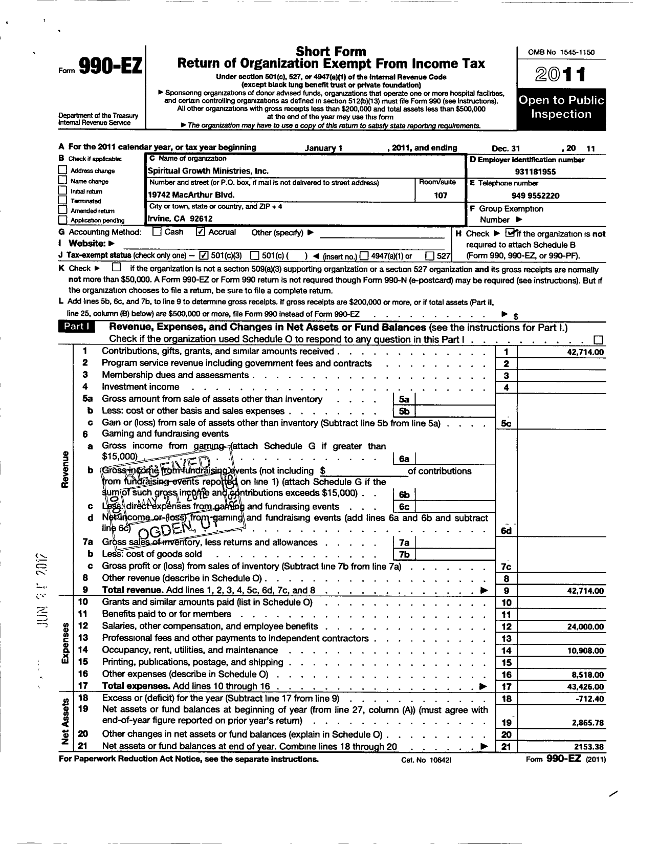 Image of first page of 2011 Form 990EZ for Spiritual Growth Ministries