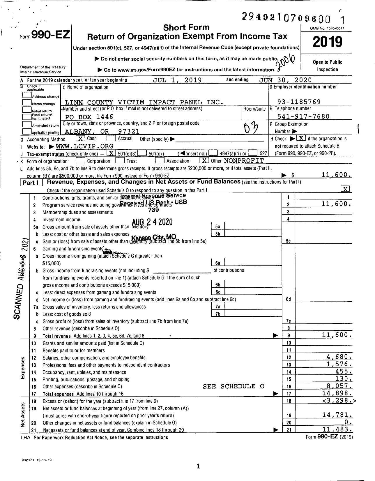 Image of first page of 2019 Form 990EZ for Linn County Victim Impact Panel