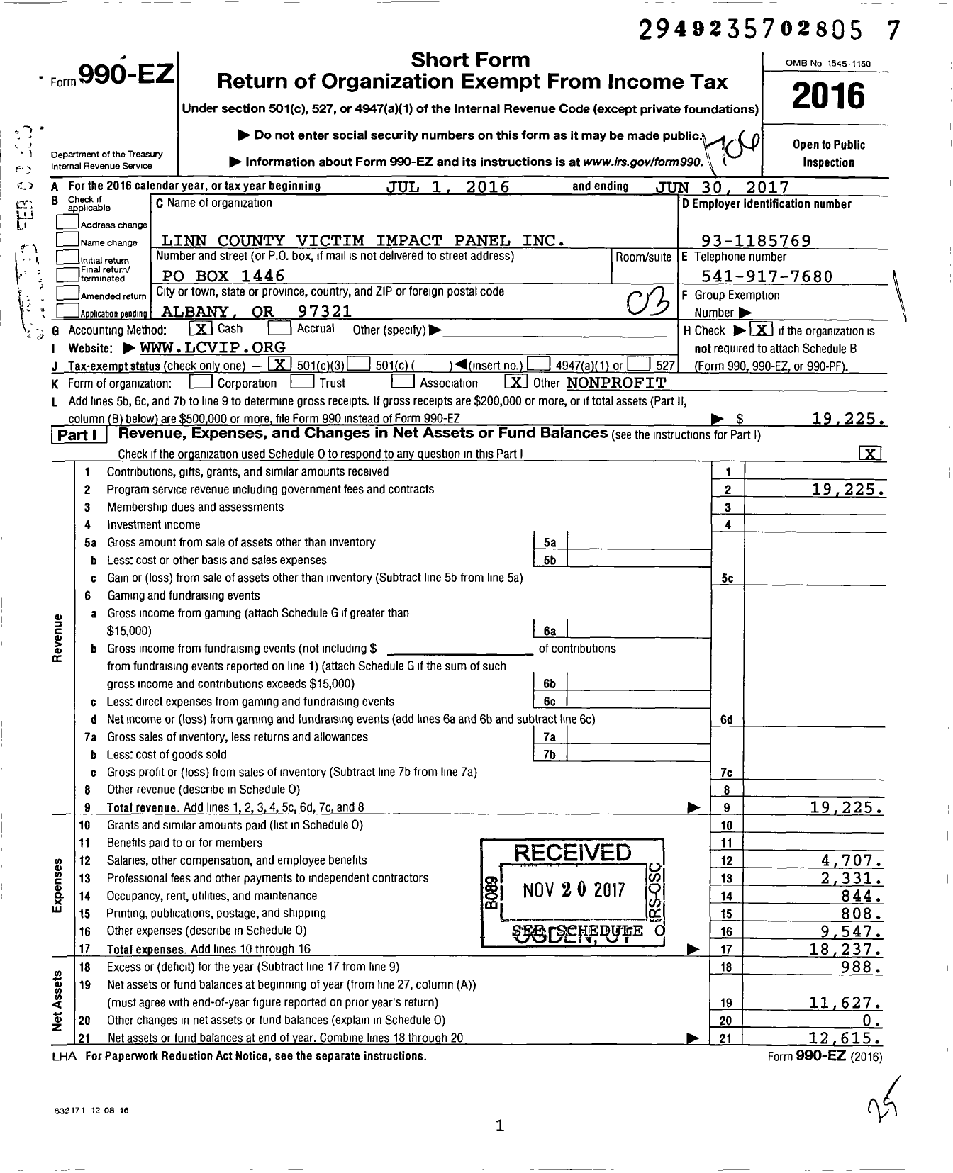 Image of first page of 2016 Form 990EZ for Linn County Victim Impact Panel