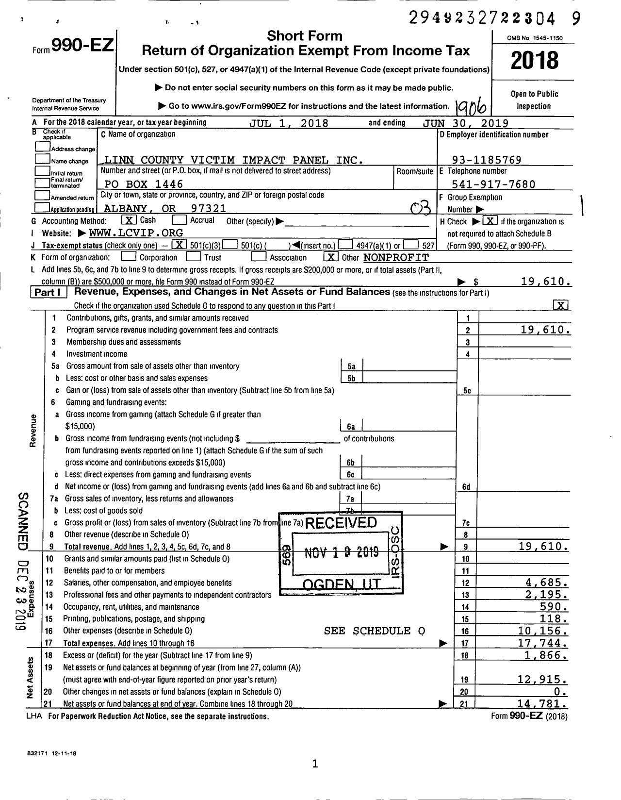 Image of first page of 2018 Form 990EZ for Linn County Victim Impact Panel