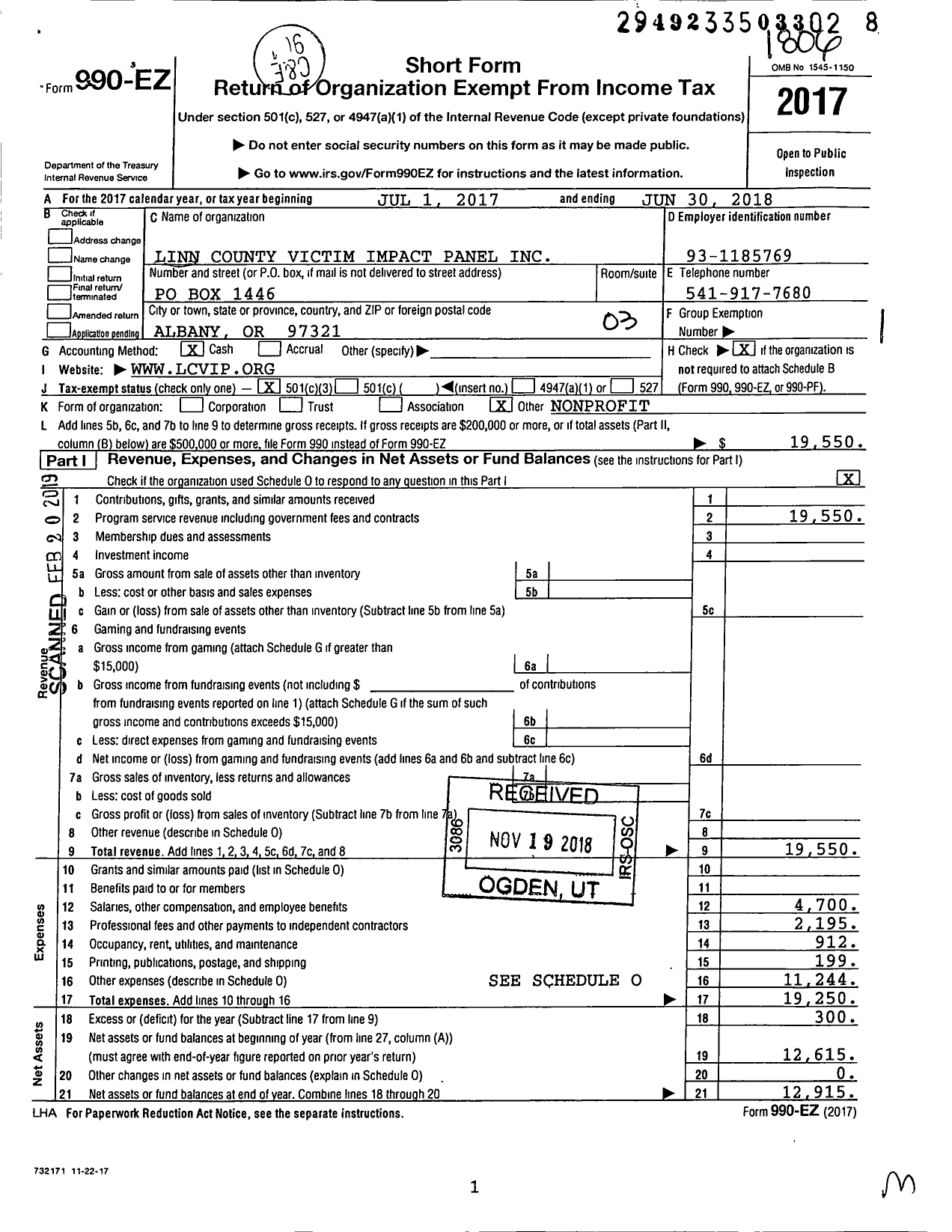 Image of first page of 2017 Form 990EZ for Linn County Victim Impact Panel