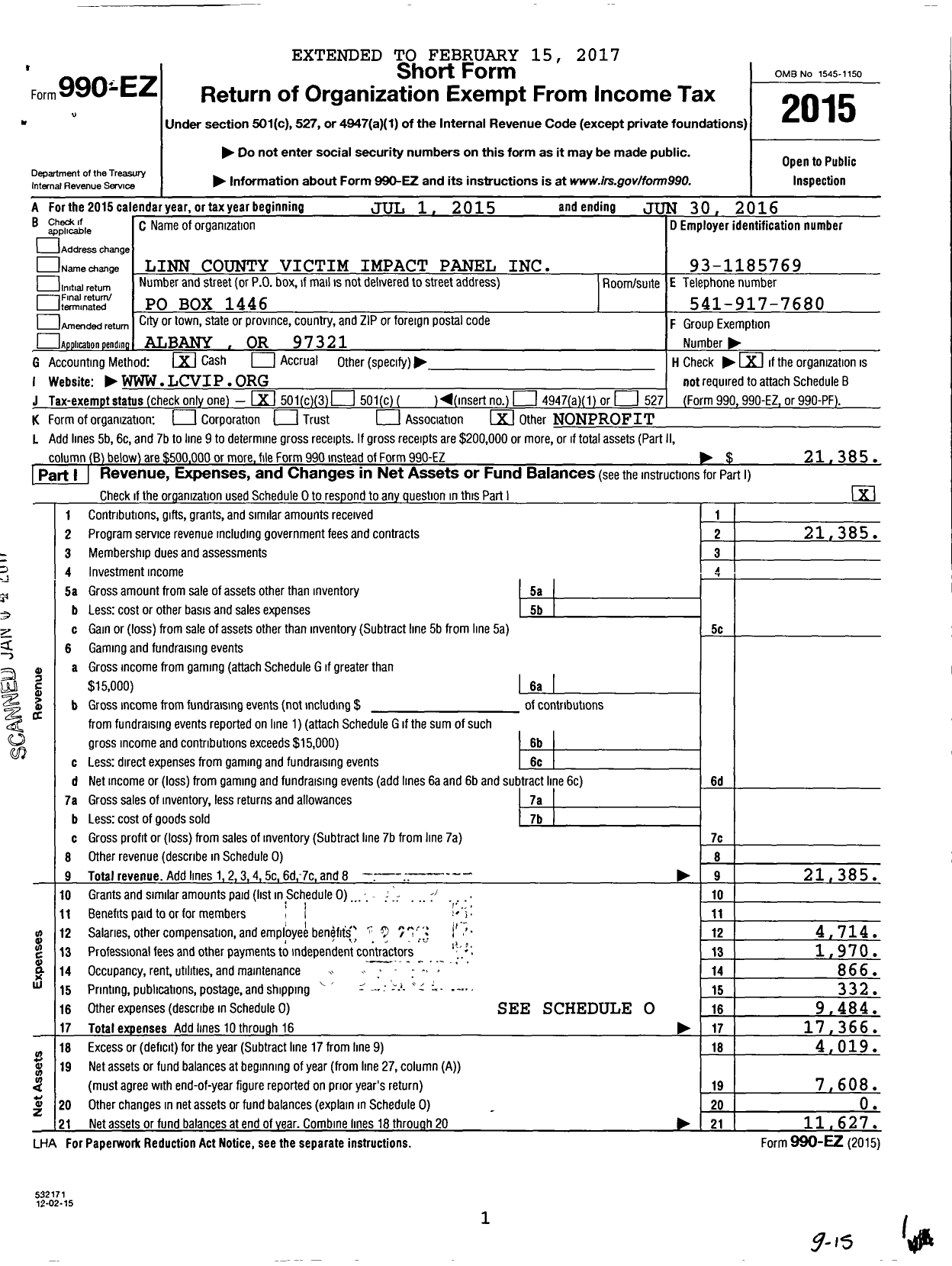 Image of first page of 2015 Form 990EZ for Linn County Victim Impact Panel