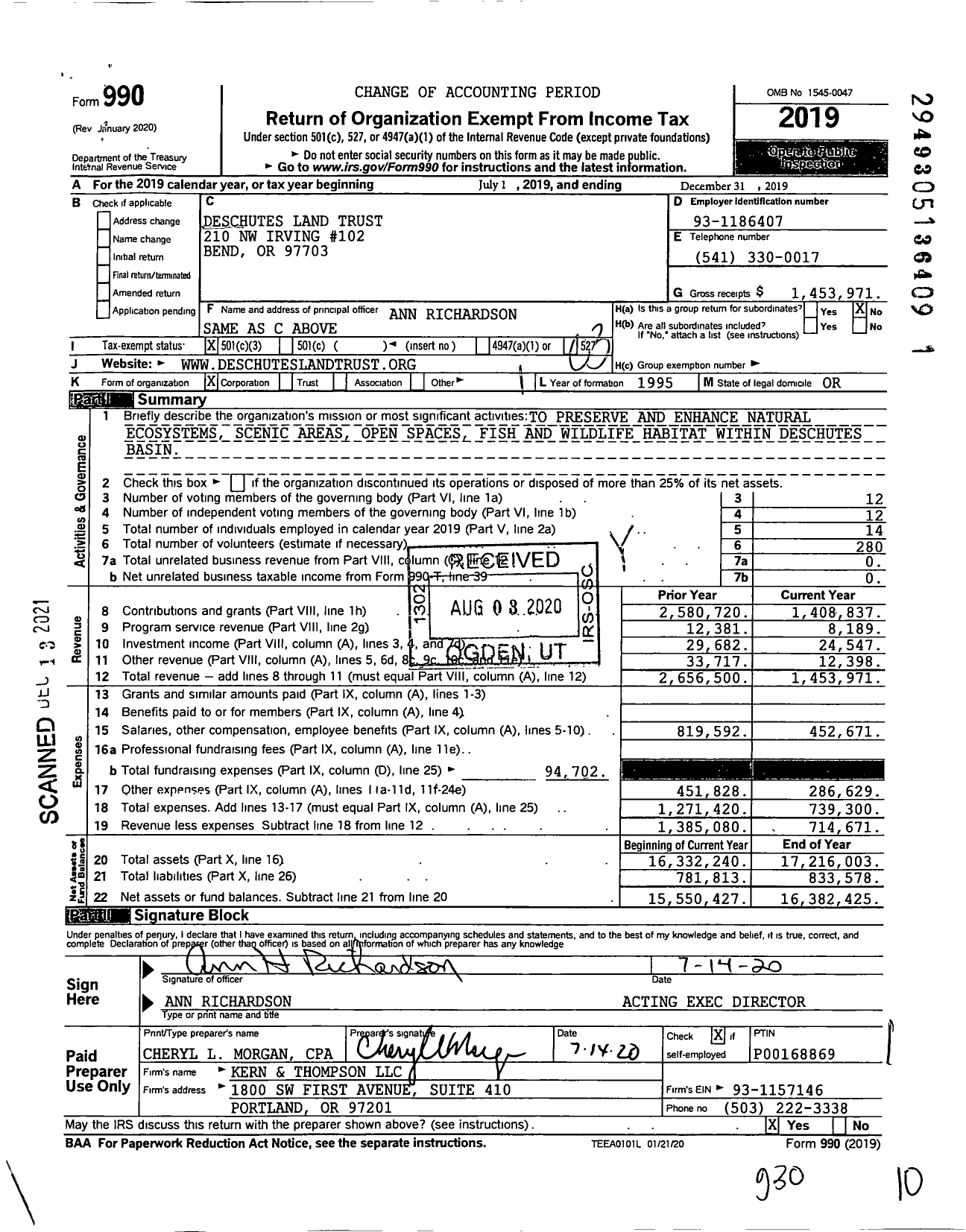 Image of first page of 2019 Form 990 for Deschutes Land Trust