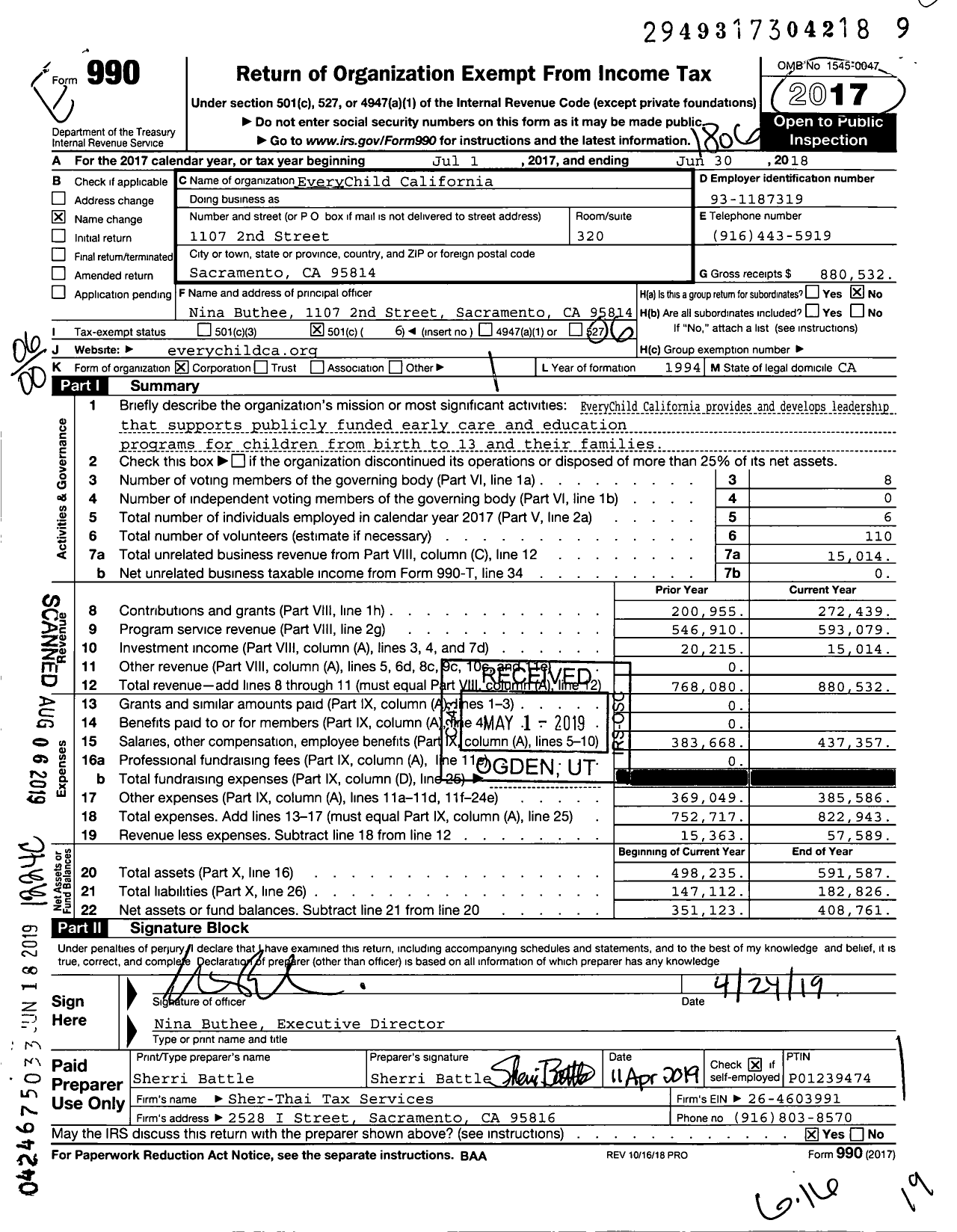 Image of first page of 2017 Form 990O for EveryChild California