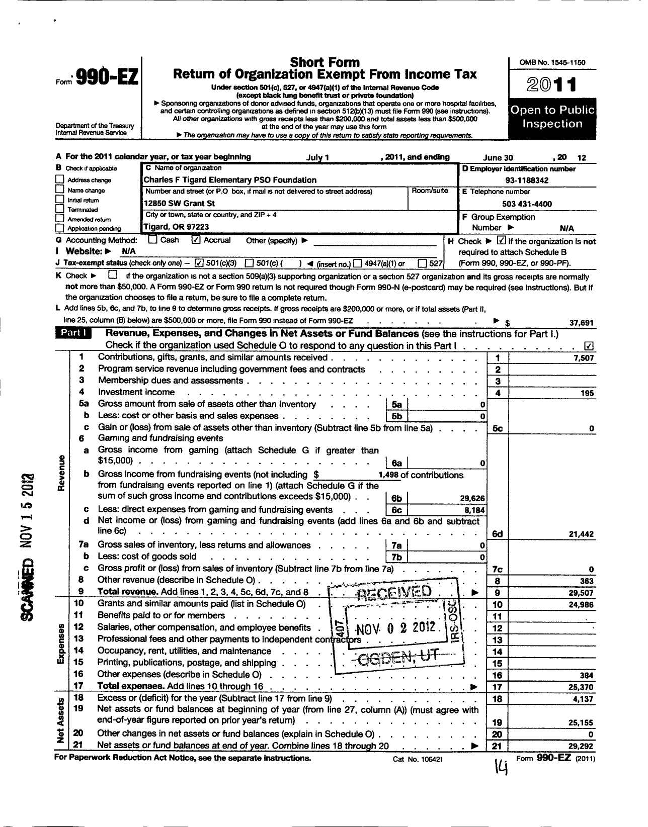 Image of first page of 2011 Form 990EZ for Charles F Tigard Elementary Pso Foundation