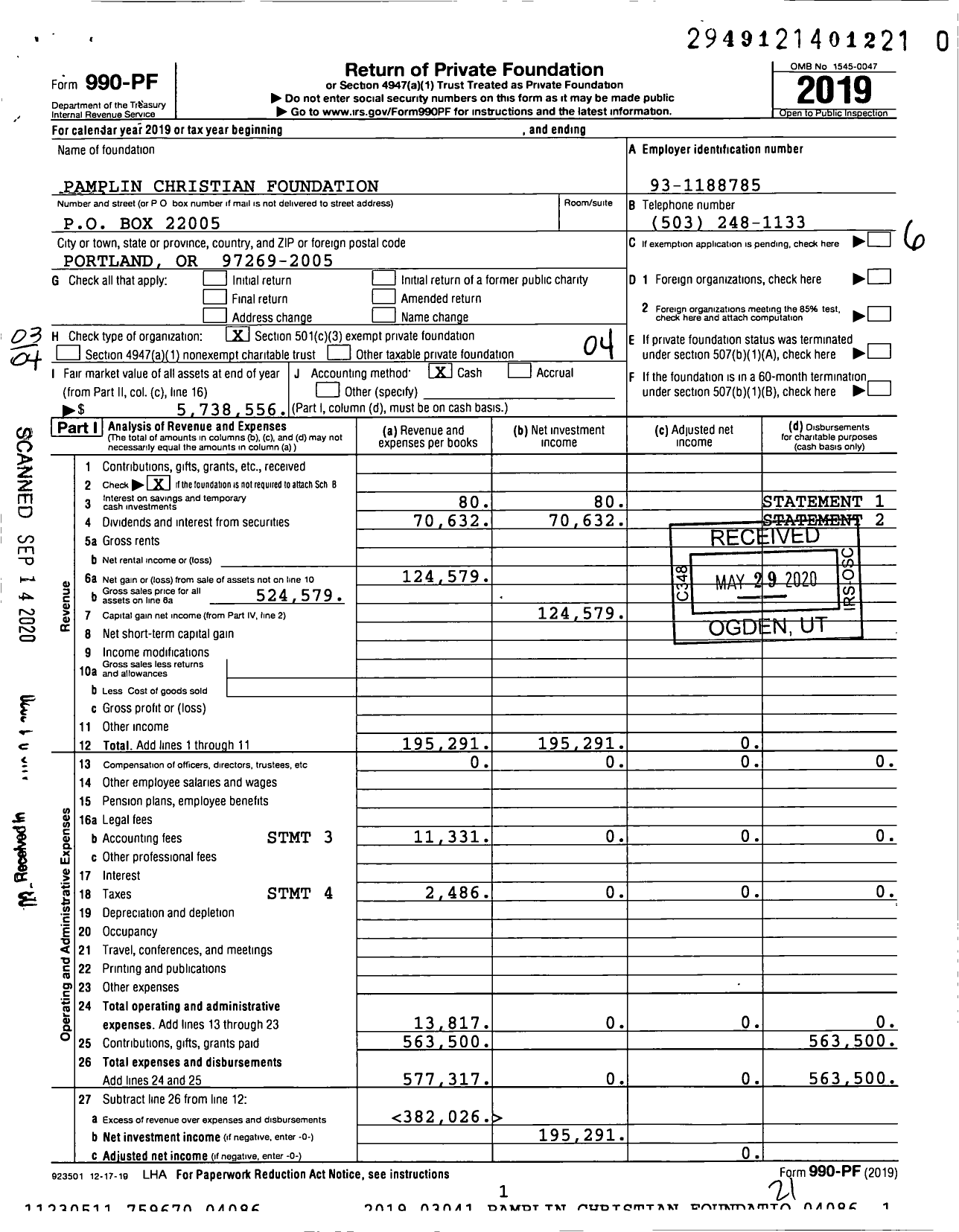 Image of first page of 2019 Form 990PR for Pamplin Christian Foundation