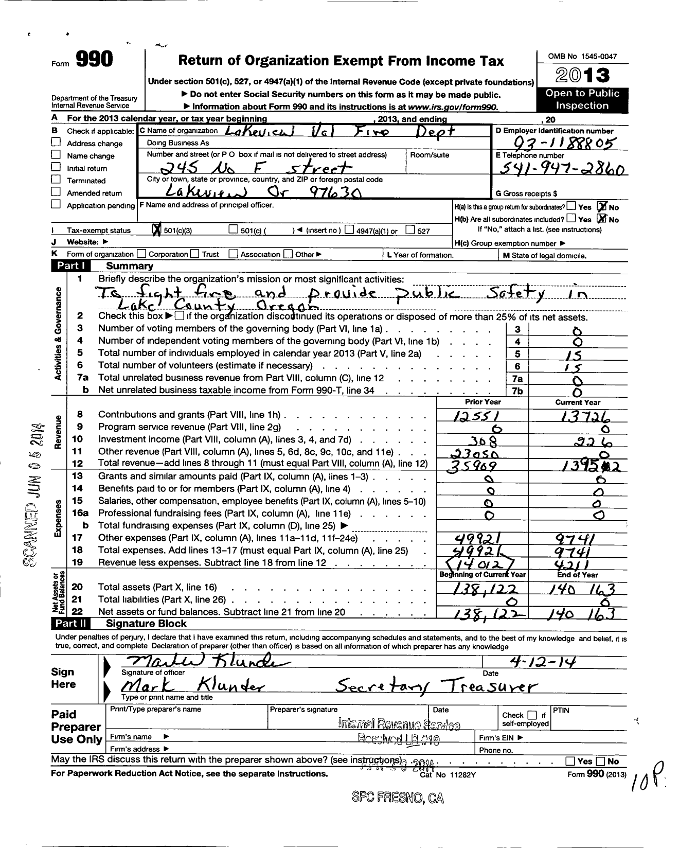 Image of first page of 2013 Form 990 for Lakeview Volunteer Fire Department