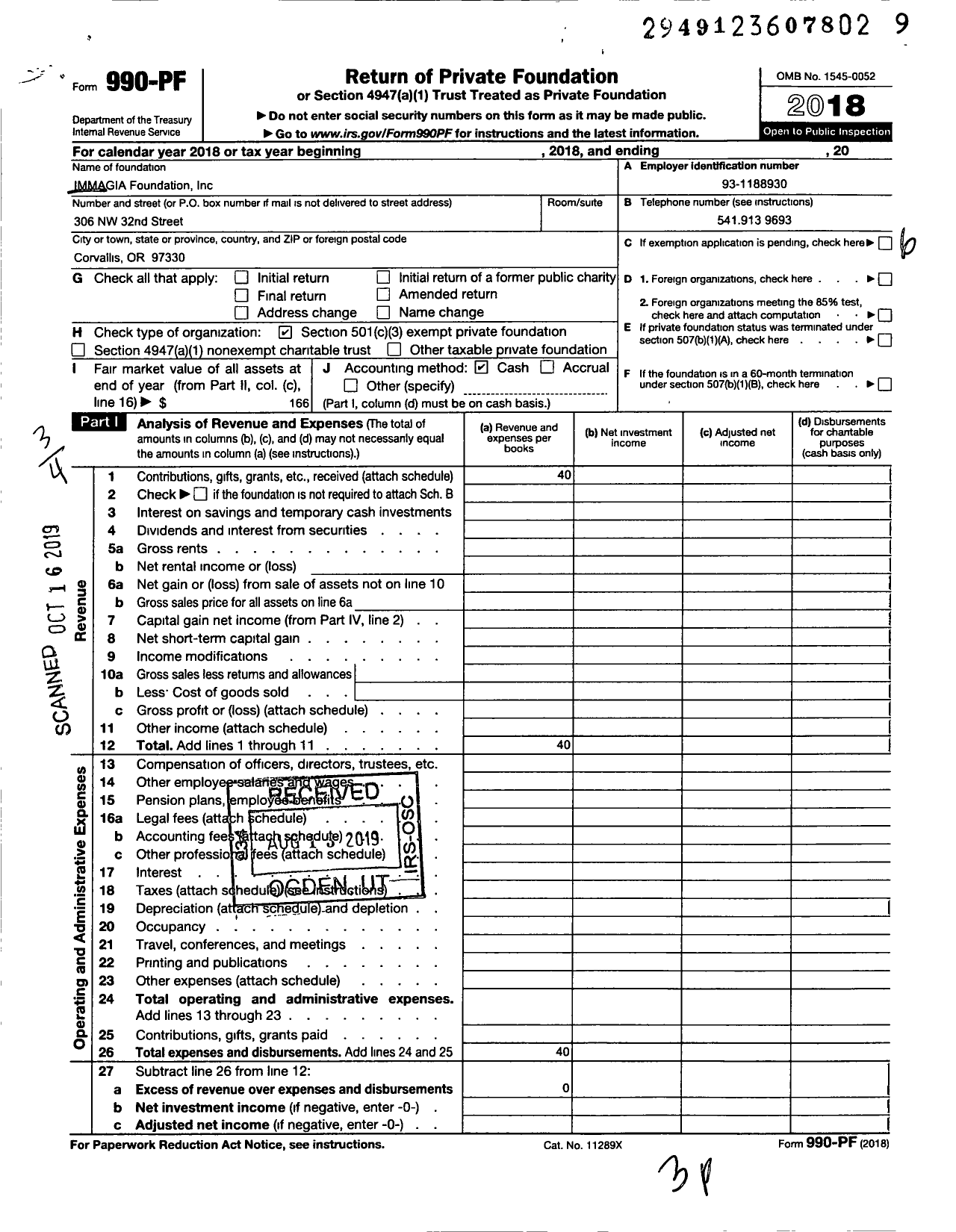 Image of first page of 2018 Form 990PF for Immagia Foundation