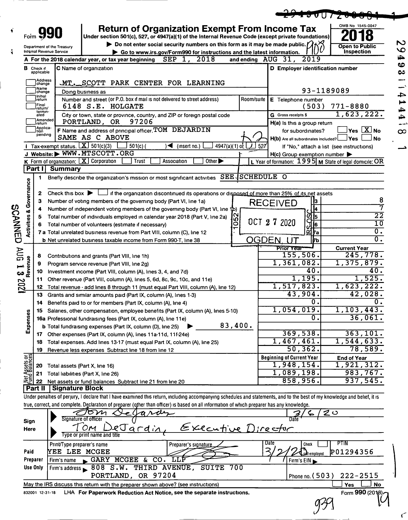 Image of first page of 2018 Form 990 for MT Scott Park Center for Learning