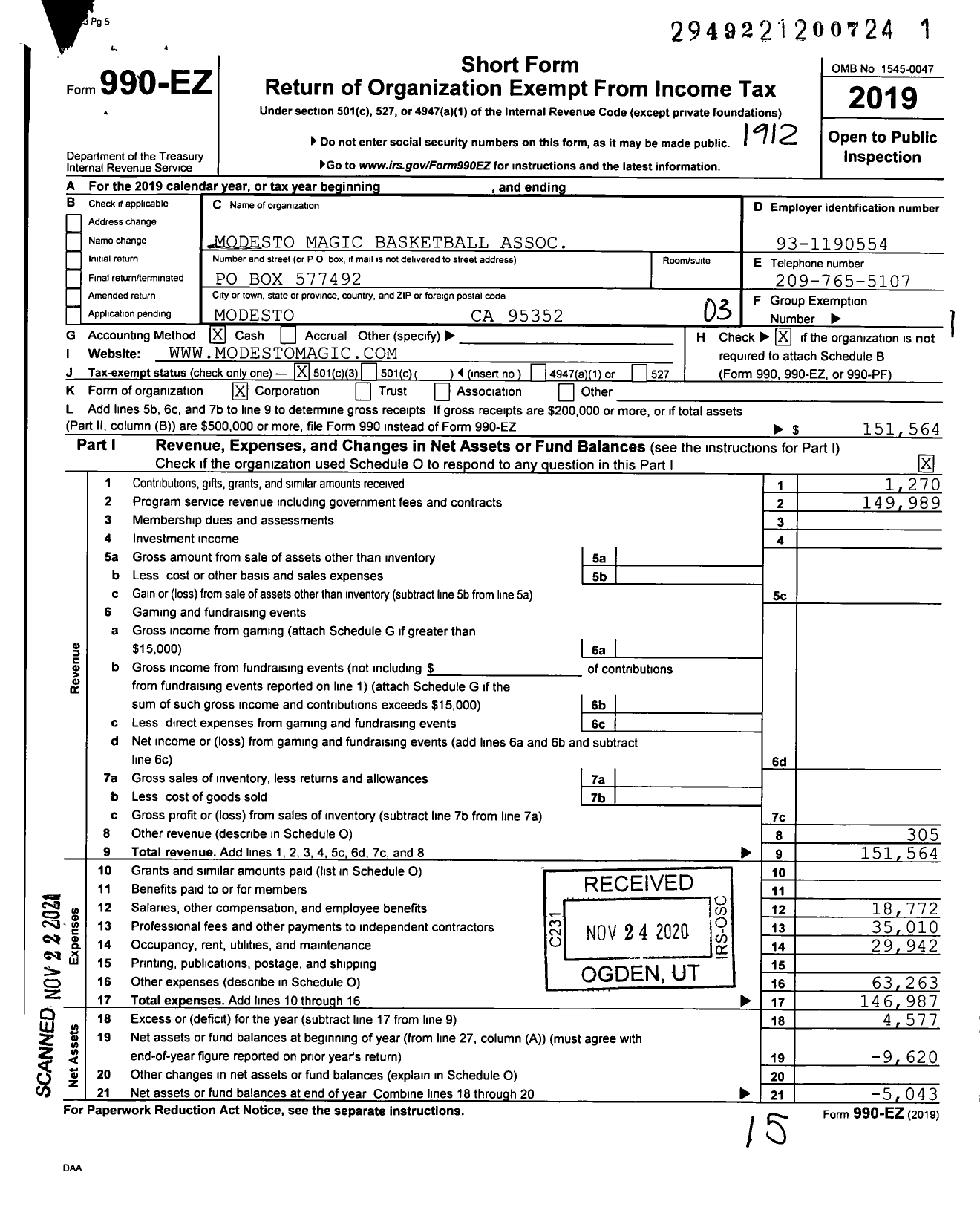 Image of first page of 2019 Form 990EZ for Modesto Magic Basketball Association