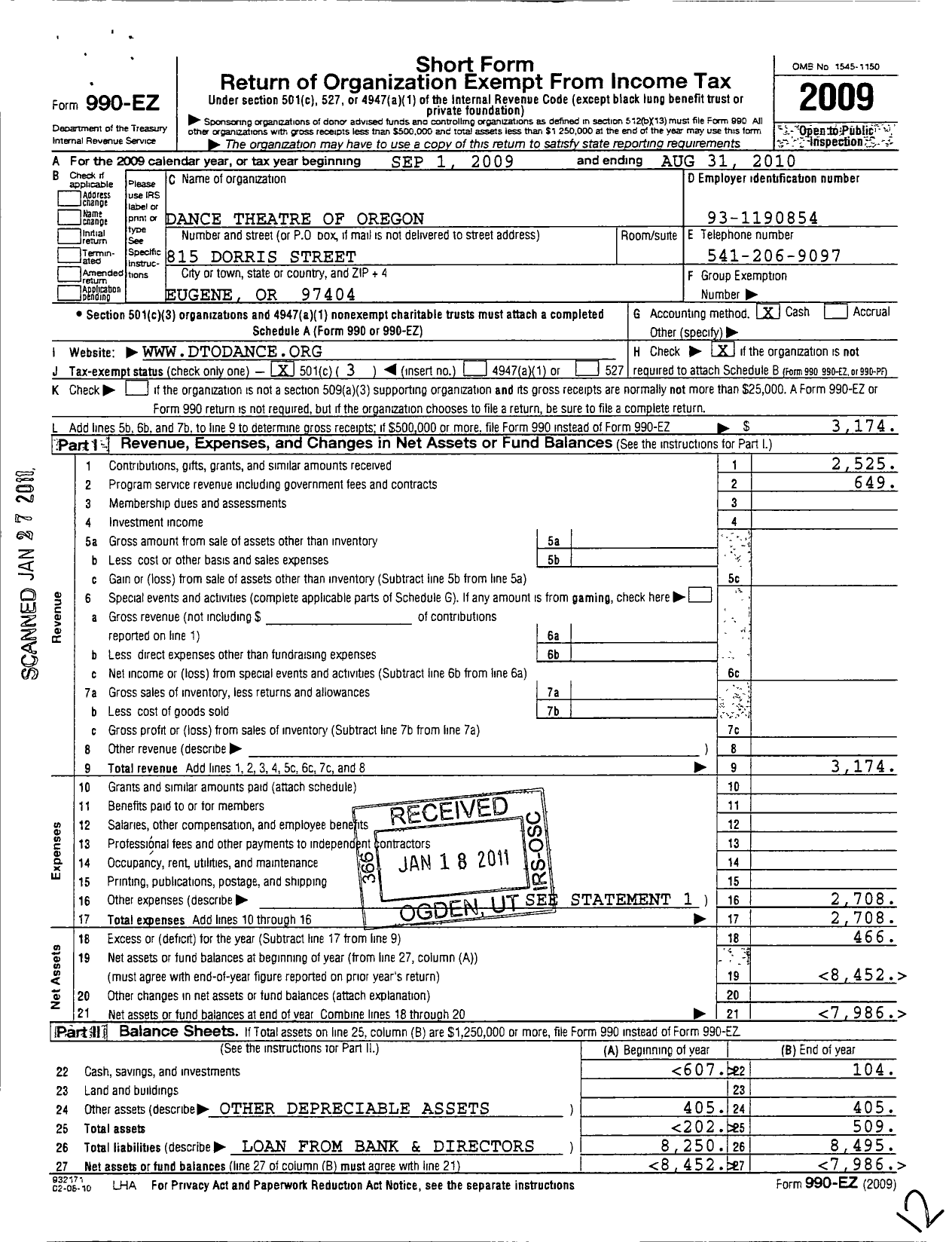 Image of first page of 2009 Form 990EZ for Dance Theatre of Oregon