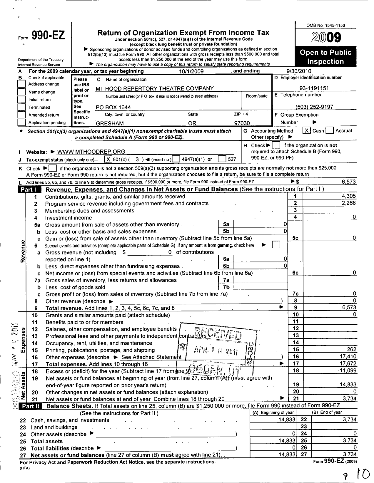 Image of first page of 2009 Form 990EZ for Mt Hood Repertory Theatre Company