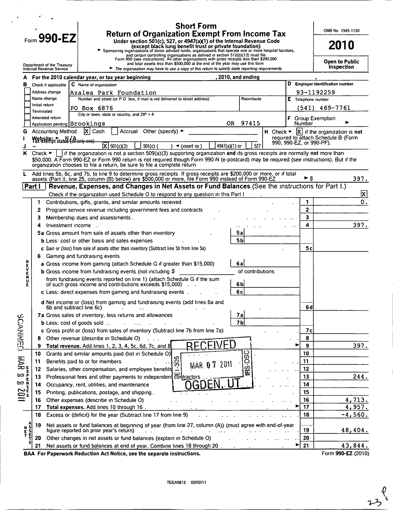 Image of first page of 2010 Form 990EZ for Azalea Park Foundation