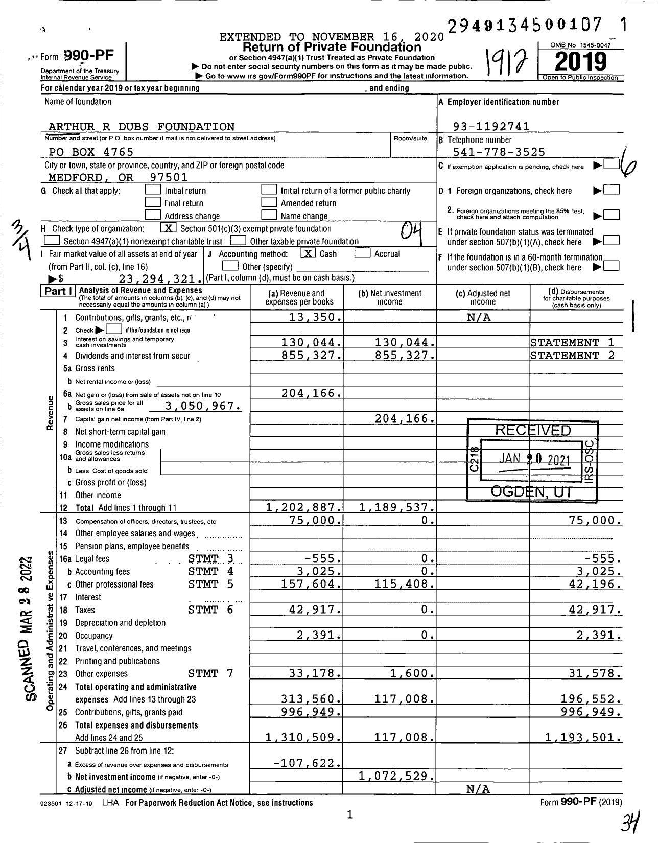 Image of first page of 2019 Form 990PF for Arthur R Dubs Foundation