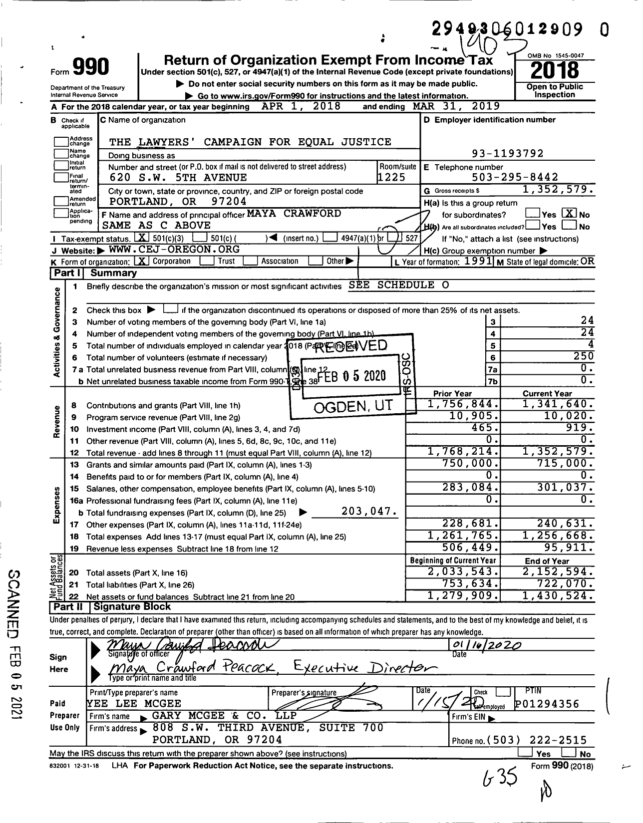 Image of first page of 2018 Form 990 for The Lawyers' Campaign for Equal Justice